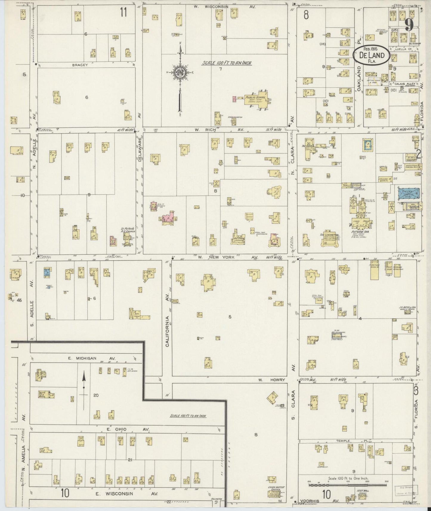 Sanborn Fire Insurance Map from De Land, Volusia County, Florida (1915), Sheet #0009 - Complete Map Set gallery image, historic Sanborn map, vintage wall art, Florida Florida