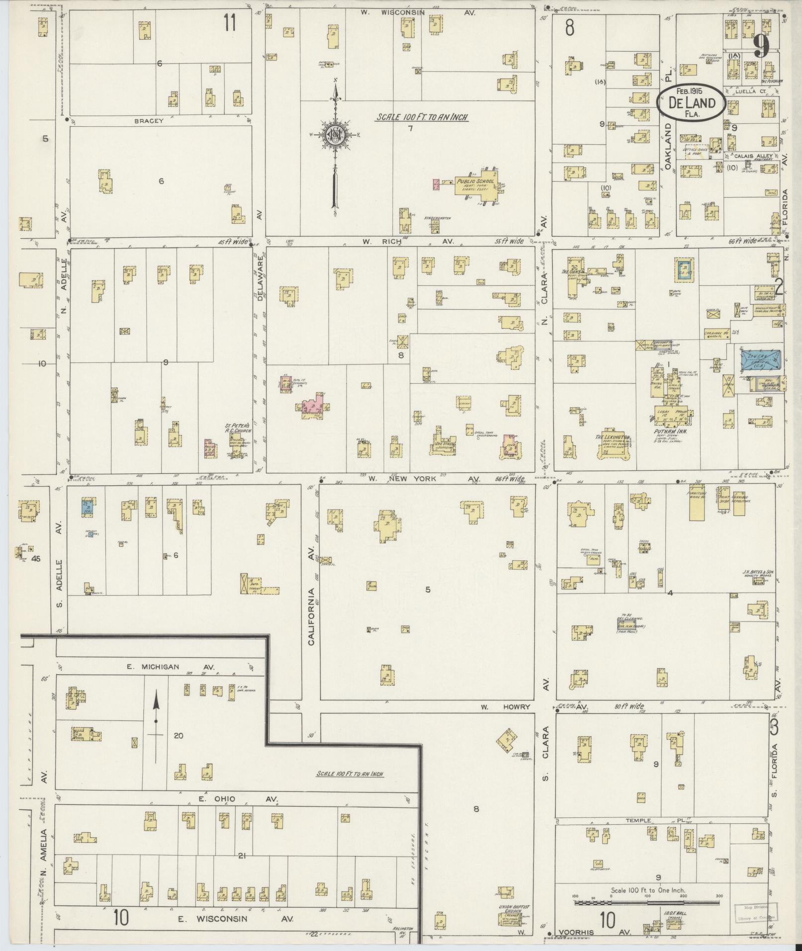 Sanborn Fire Insurance Map from De Land, Volusia County, Florida (1915), Sheet #0009 - Complete Map Set gallery image, historic Sanborn map, vintage wall art, Florida Florida