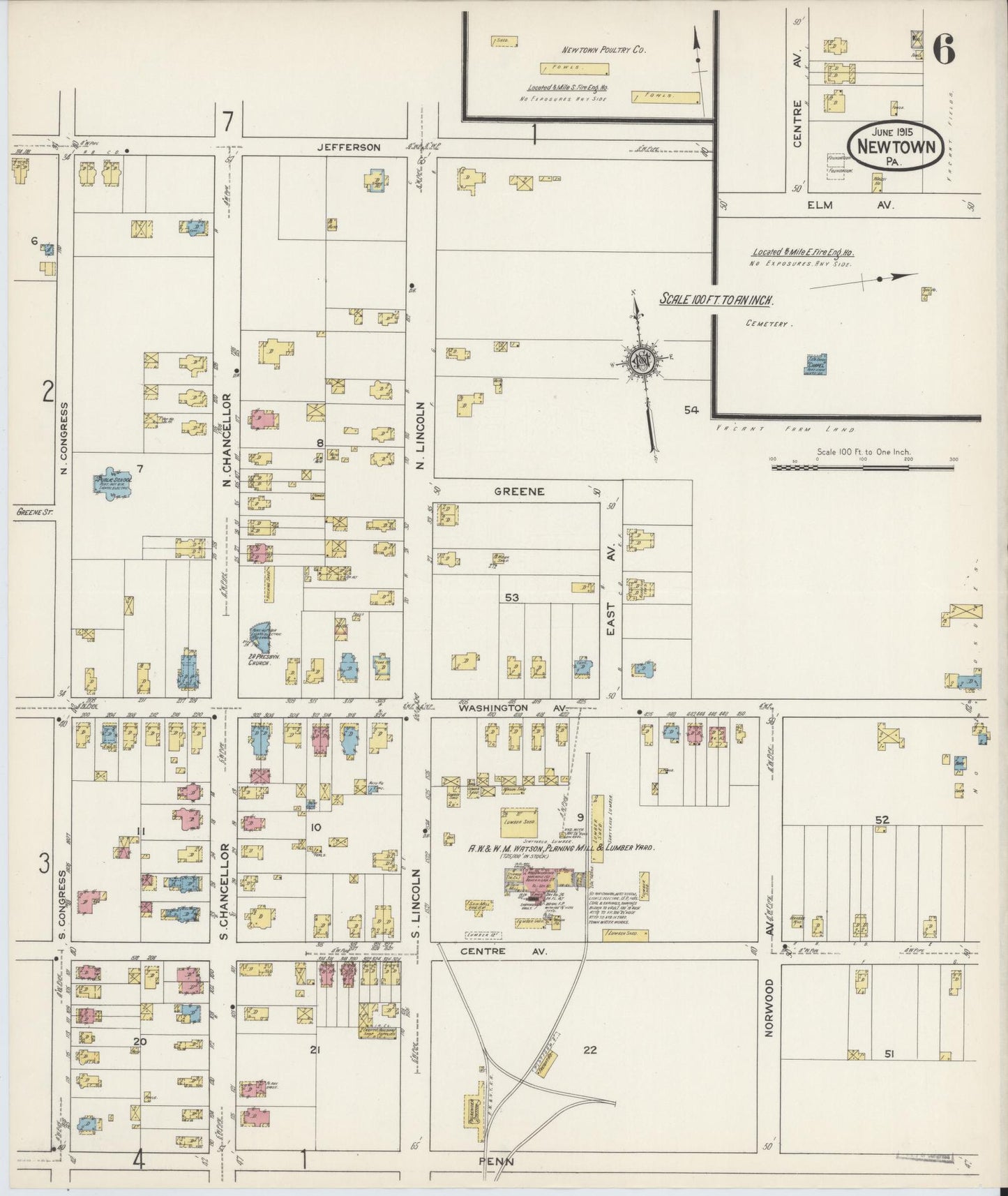 Sanborn Fire Insurance Map from Newtown, Bucks County, Pennsylvania (1915), Sheet #0006 - Complete Map Set gallery image, historic Sanborn map, vintage wall art, Pennsylvania Pennsylvania