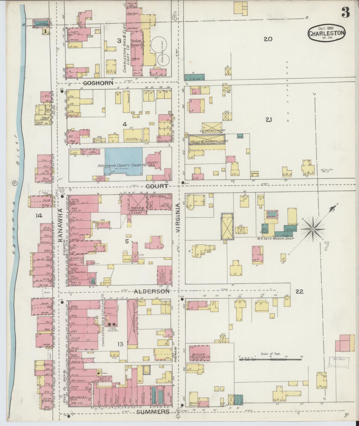 Sanborn Fire Insurance Map from Charleston, Kanawha County, West Virginia (1893), Sheet #0003 - Historic Sanborn Fire Insurance Map Print, vintage old map wall art, antique decor, genealogy gift, West Virginia West Virginia map