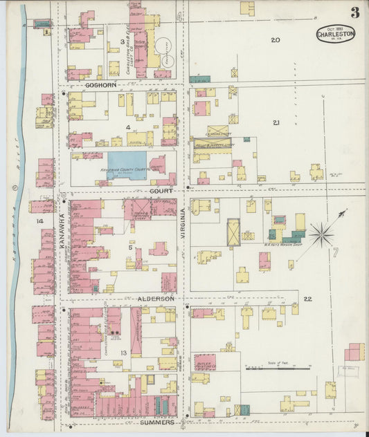 Sanborn Fire Insurance Map from Charleston, Kanawha County, West Virginia (1893), Sheet #0003 - Historic Sanborn Fire Insurance Map Print, vintage old map wall art, antique decor, genealogy gift, West Virginia West Virginia map