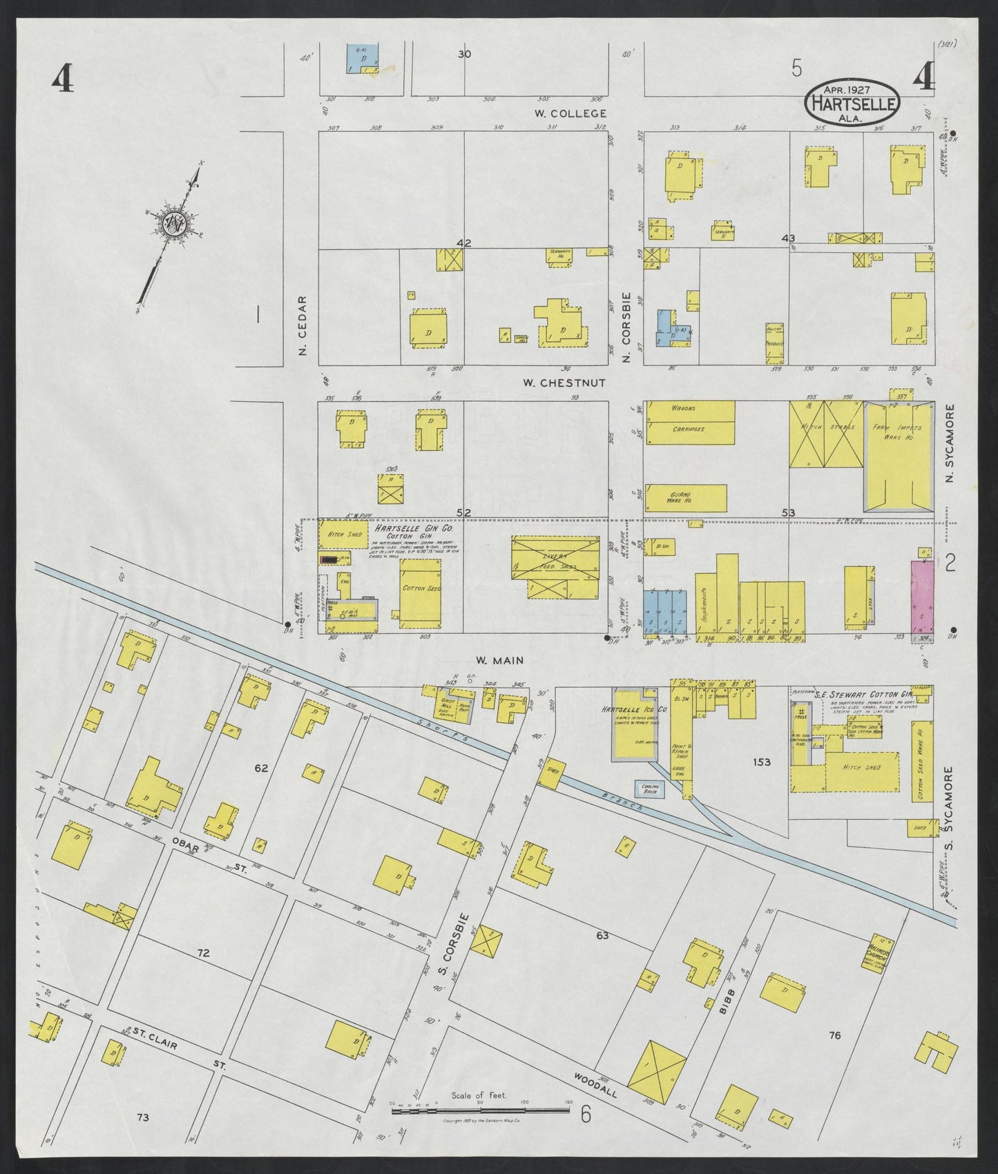 Sanborn Fire Insurance Map from Hartselle, Morgan County, Alabama (1927), Sheet #0004 - Complete Map Set gallery image, historic Sanborn map, vintage wall art, Alabama Alabama