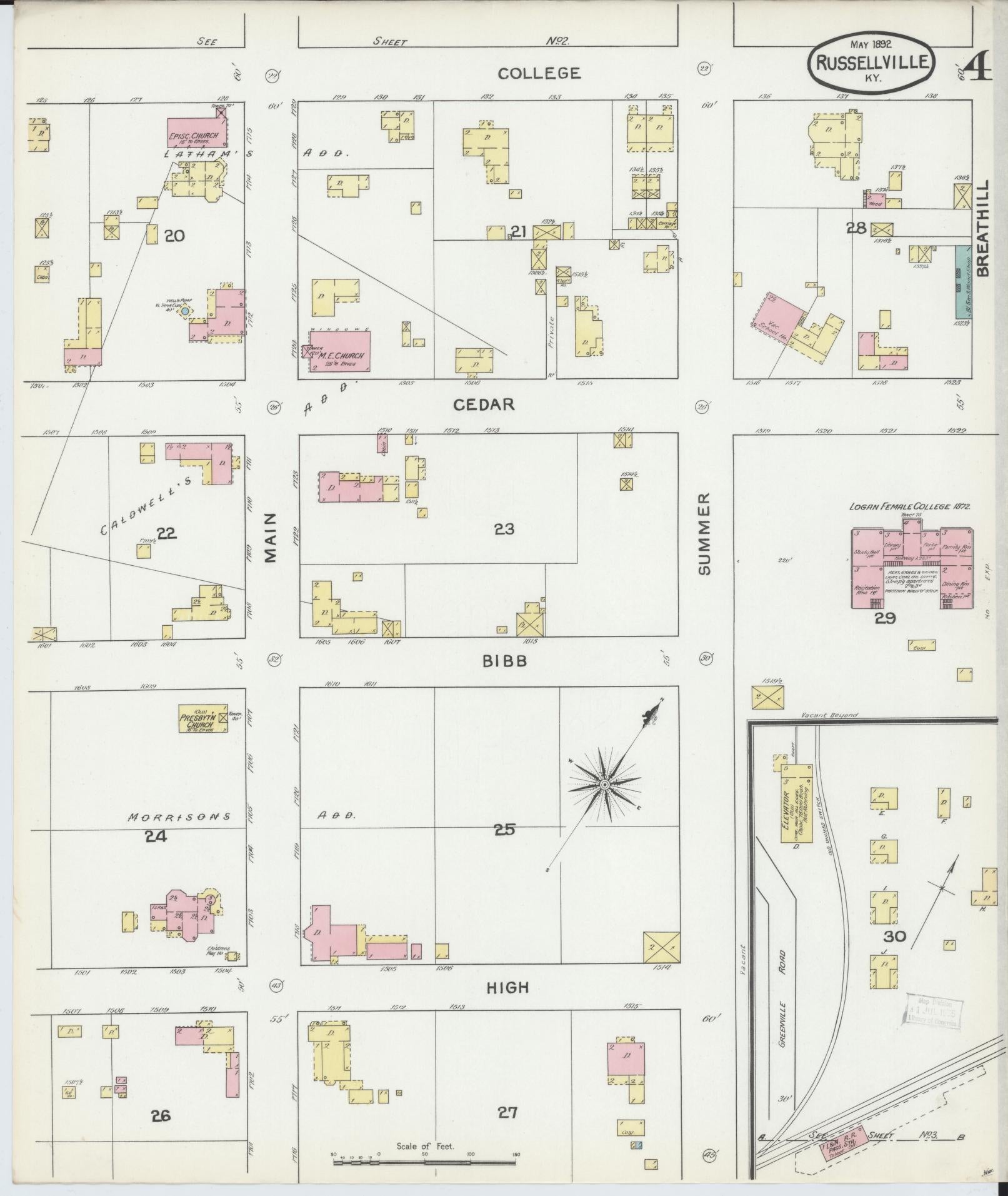 Sanborn Fire Insurance Map from Russellville, Logan County, Kentucky (1892), Sheet #0004 - Historic Sanborn Fire Insurance Map Print, vintage old map wall art, antique decor, genealogy gift, Kentucky Kentucky map