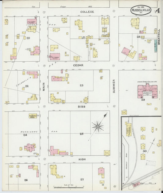 Sanborn Fire Insurance Map from Russellville, Logan County, Kentucky (1892), Sheet #0004 - Historic Sanborn Fire Insurance Map Print, vintage old map wall art, antique decor, genealogy gift, Kentucky Kentucky map
