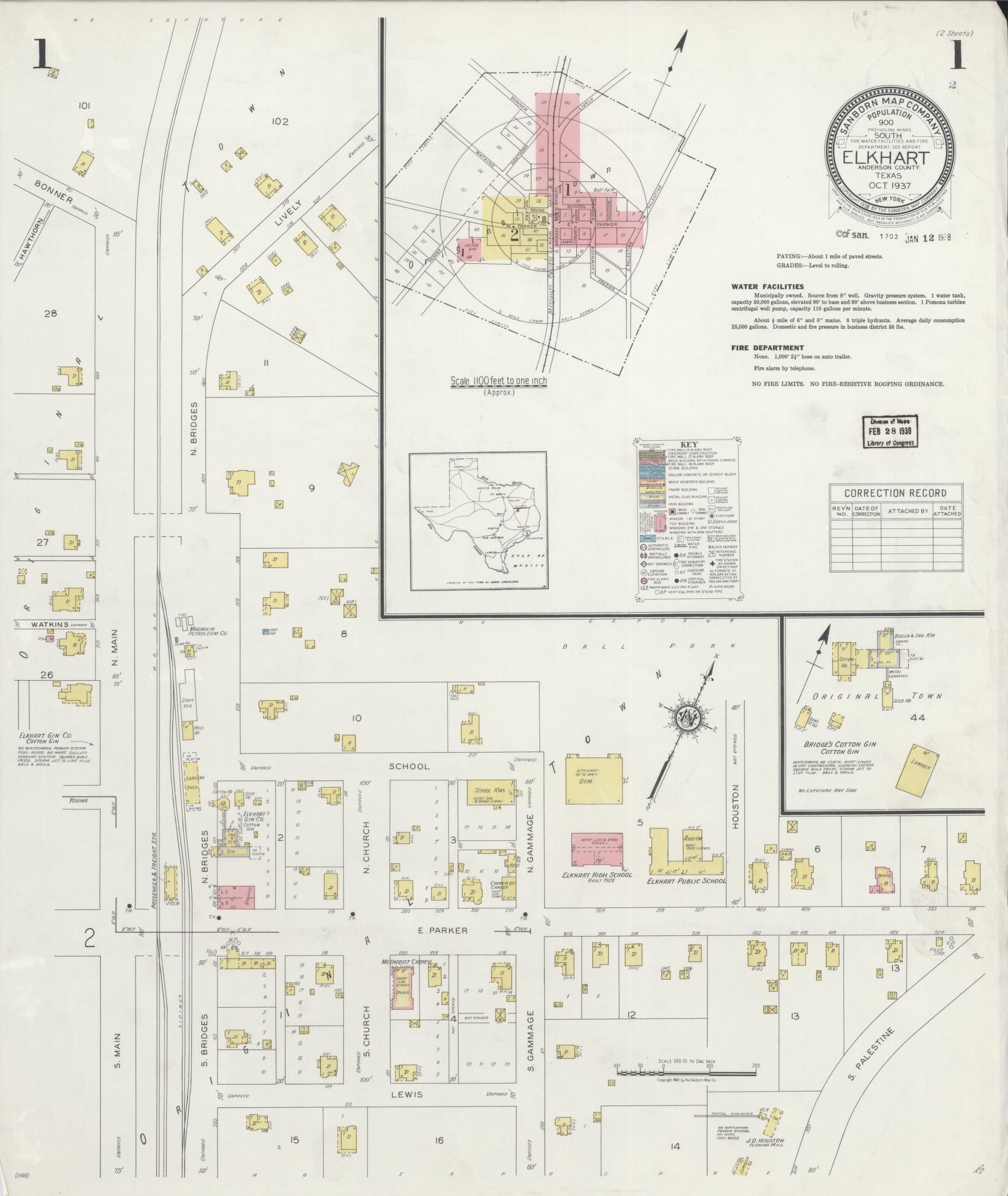 Sanborn Fire Insurance Map from Elkhart, Anderson County, Texas (1937), Sheet #0001 - Historic Sanborn Fire Insurance Map Print, vintage old map wall art, antique decor, genealogy gift, Texas Texas map