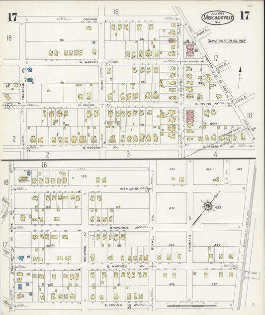Sanborn Fire Insurance Map from Merchantville, Camden County, New Jersey (1925), Sheet #0017 - Historic Sanborn Fire Insurance Map Print, vintage old map wall art, antique decor, genealogy gift, New Jersey New Jersey map
