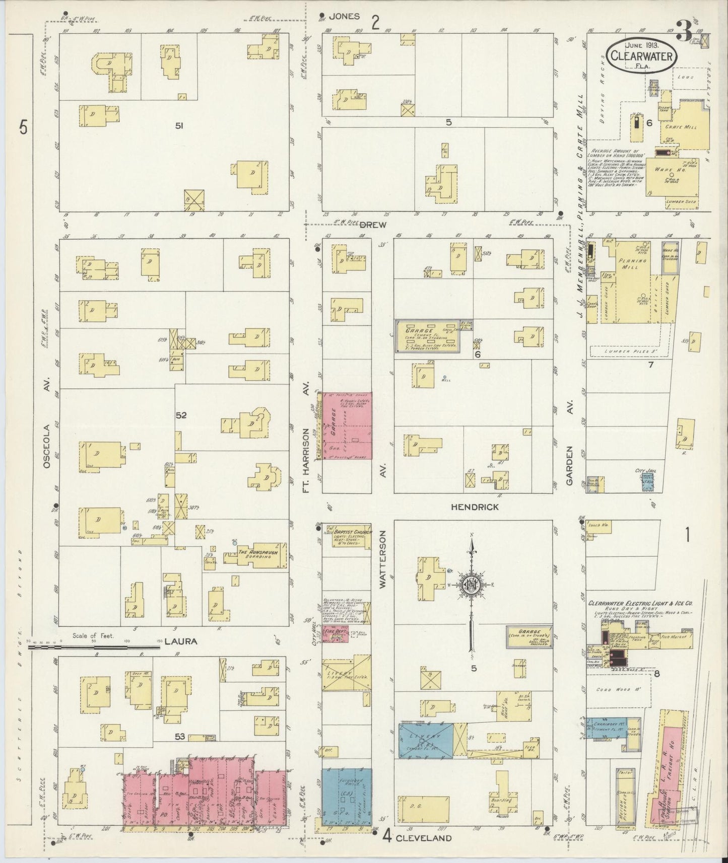 Sanborn Fire Insurance Map from Clearwater, Pinellas County, Florida (1913), Sheet #0003 - Historic Sanborn Fire Insurance Map Print, vintage old map wall art, antique decor, genealogy gift, Florida Florida map