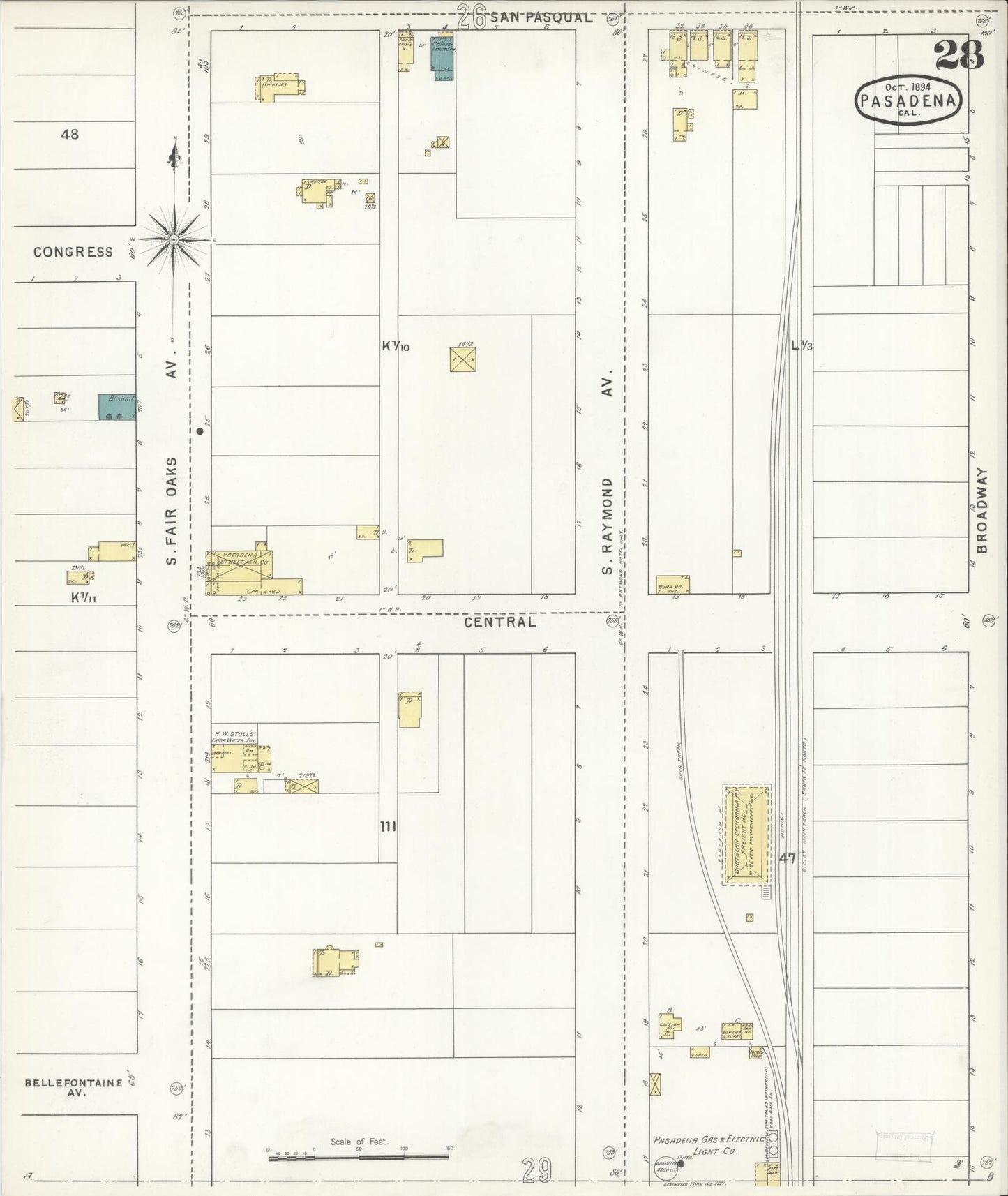 Sanborn Fire Insurance Map from Pasadena, Los Angeles County, California (1894), Sheet #0028 - Complete Map Set gallery image, historic Sanborn map, vintage wall art, California California