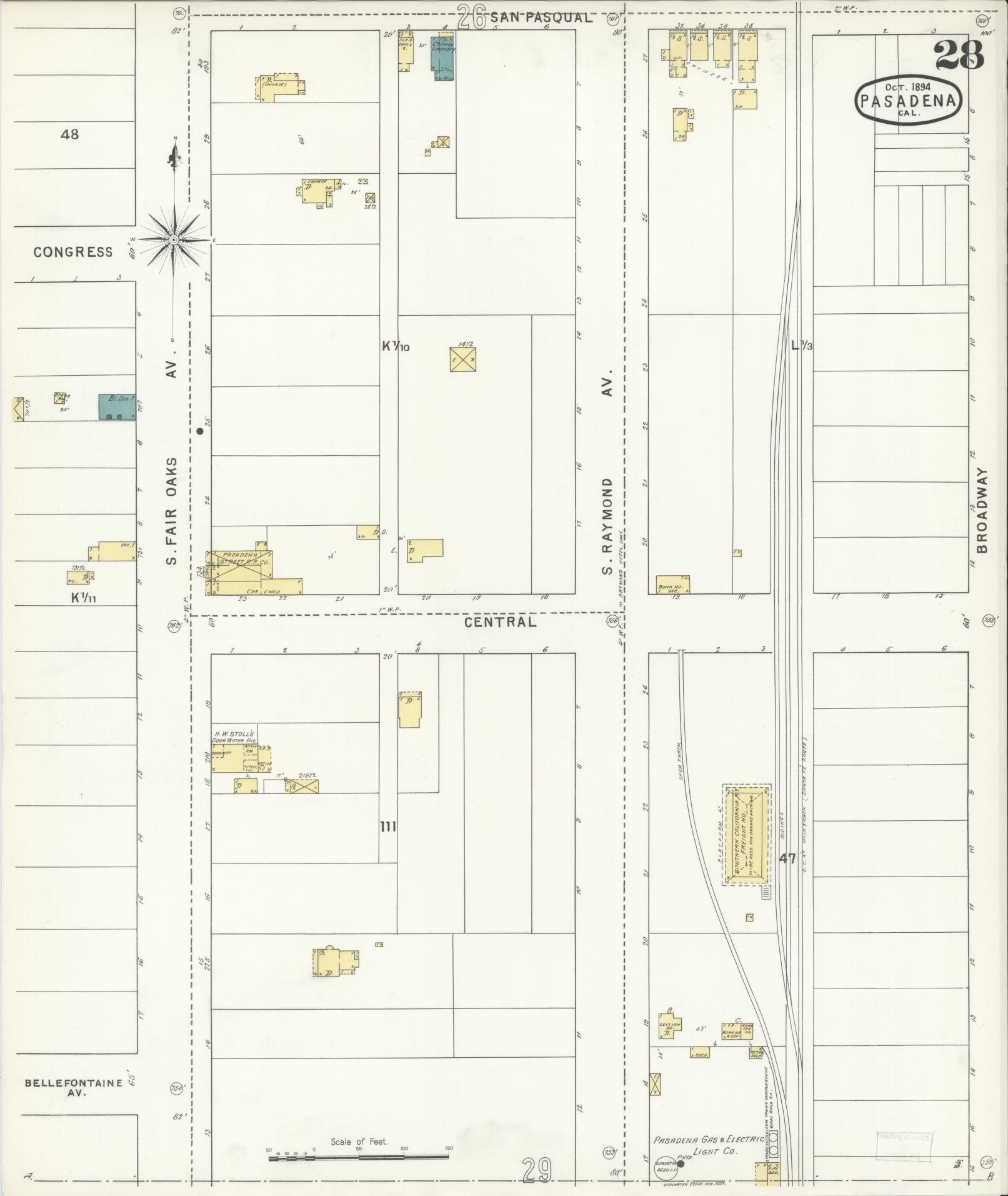 Sanborn Fire Insurance Map from Pasadena, Los Angeles County, California (1894), Sheet #0028 - Complete Map Set gallery image, historic Sanborn map, vintage wall art, California California