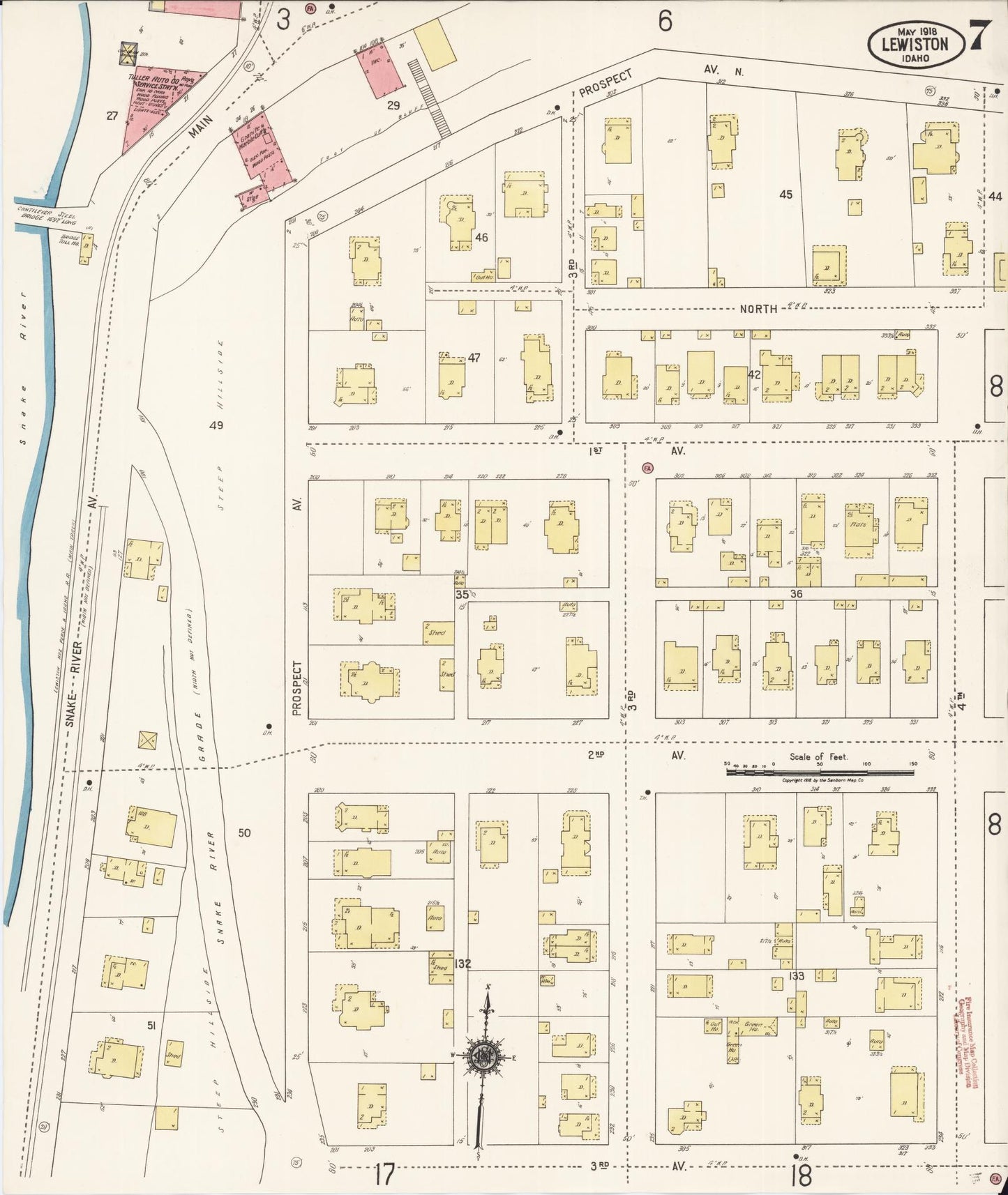 Sanborn Fire Insurance Map from Lewiston, Nez Perce County, Idaho (1918), Sheet #0007 - Historic Sanborn Fire Insurance Map Print, vintage old map wall art, antique decor, genealogy gift, Idaho Idaho map