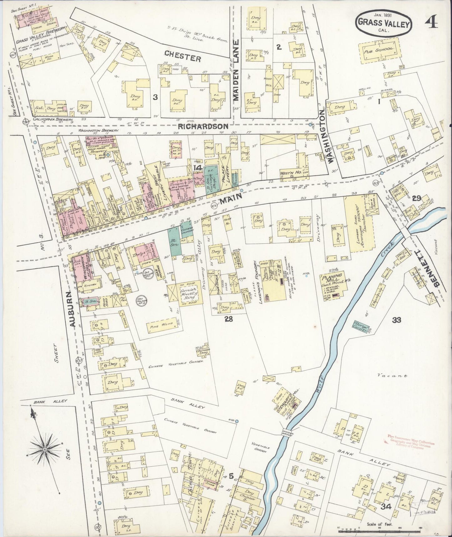 Sanborn Fire Insurance Map from Grass Valley, Nevada County, California (1891), Sheet #0004 - Complete Map Set gallery image, historic Sanborn map, vintage wall art, Grass Valley Nevada
