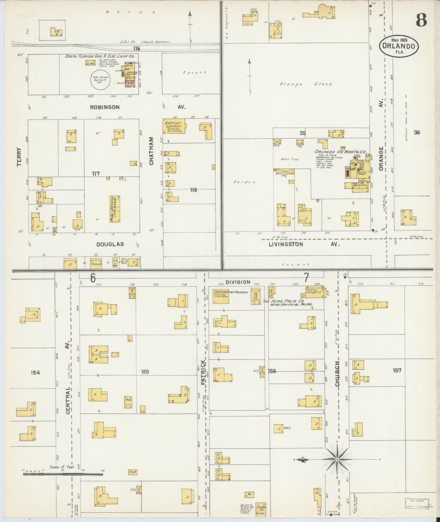 Sanborn Fire Insurance Map from Orlando, Orange County, Florida (1903), Sheet #0008 - Historic Sanborn Fire Insurance Map Print, vintage old map wall art, antique decor, genealogy gift, Florida Florida map