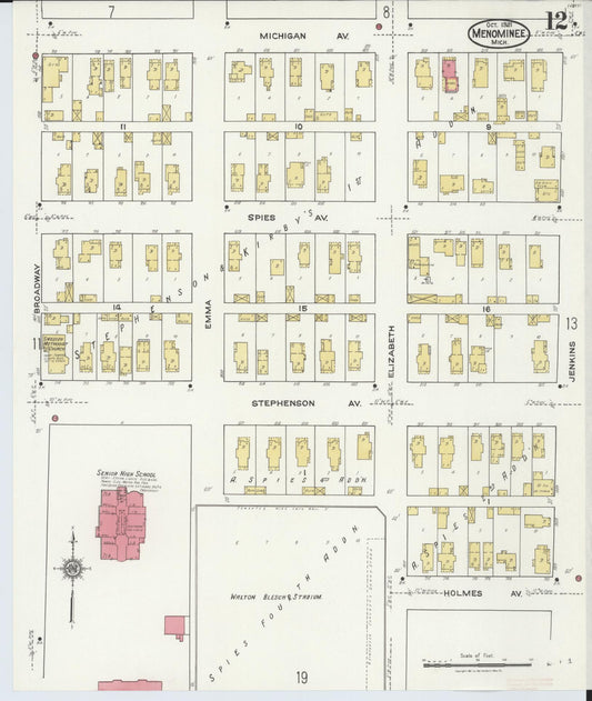 Sanborn Fire Insurance Map from Menominee, Menominee County, Michigan (1921), Sheet #0012 - Historic Sanborn Fire Insurance Map Print, vintage old map wall art, antique decor, genealogy gift, Michigan Michigan map
