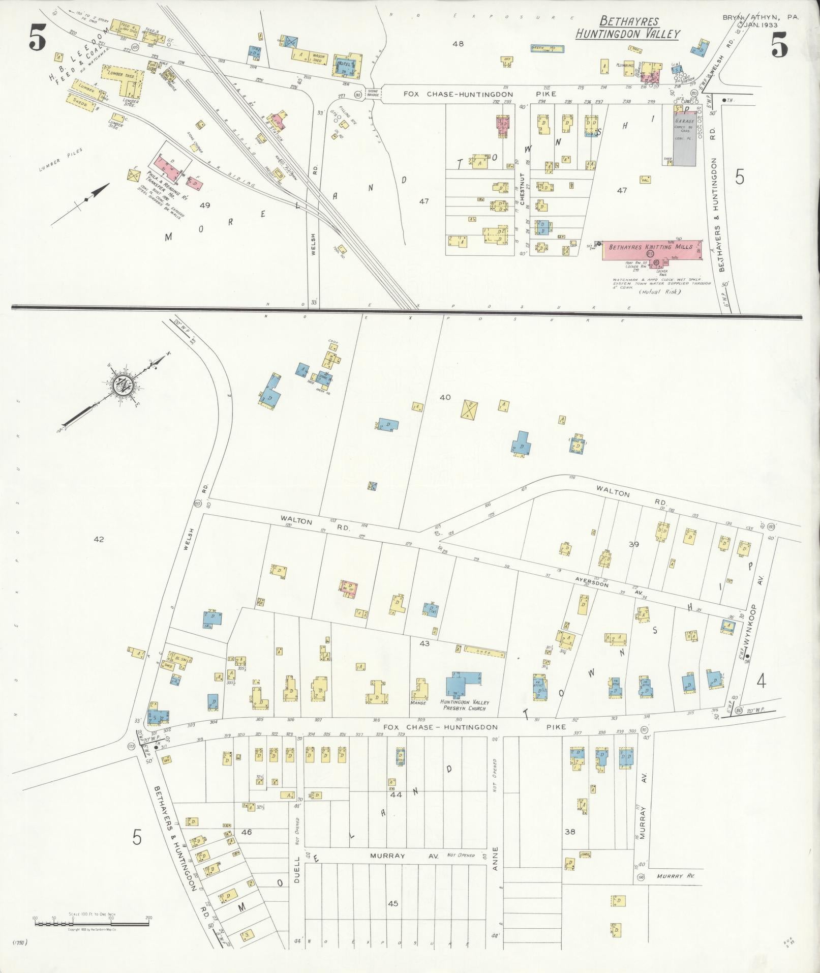 Sanborn Fire Insurance Map from Bryn Athyn, Montgomery County, Pennsylvania (1933), Sheet #0005 - Historic Sanborn Fire Insurance Map Print, vintage old map wall art, antique decor, genealogy gift, Pennsylvania Pennsylvania map