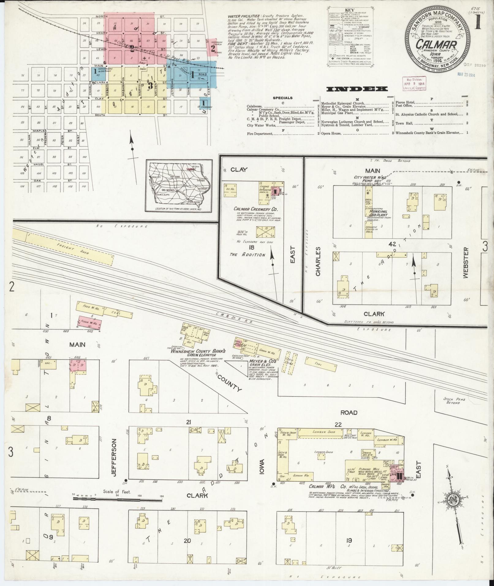 Sanborn Fire Insurance Map from Calmar, Winneshiek County, Iowa (1914), Sheet #0001 - Historic Sanborn Fire Insurance Map Print, vintage old map wall art