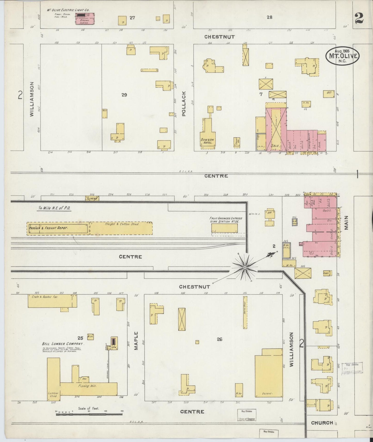 Sanborn Fire Insurance Map from Mount Olive, Wayne County, North Carolina (1905), Sheet #0002 - Complete Map Set gallery image, historic Sanborn map, vintage wall art, North Carolina North Carolina