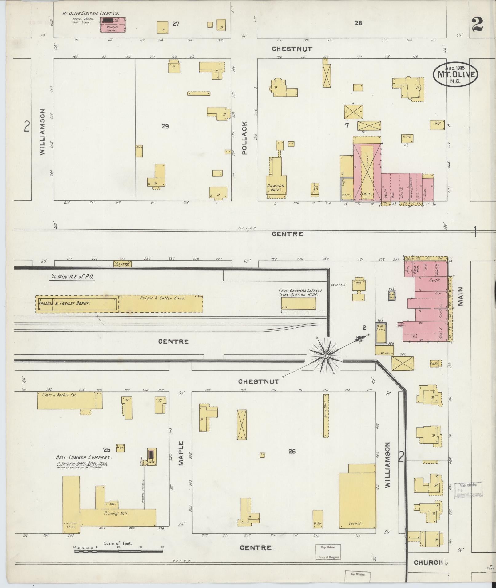 Sanborn Fire Insurance Map from Mount Olive, Wayne County, North Carolina (1905), Sheet #0002 - Complete Map Set gallery image, historic Sanborn map, vintage wall art, North Carolina North Carolina