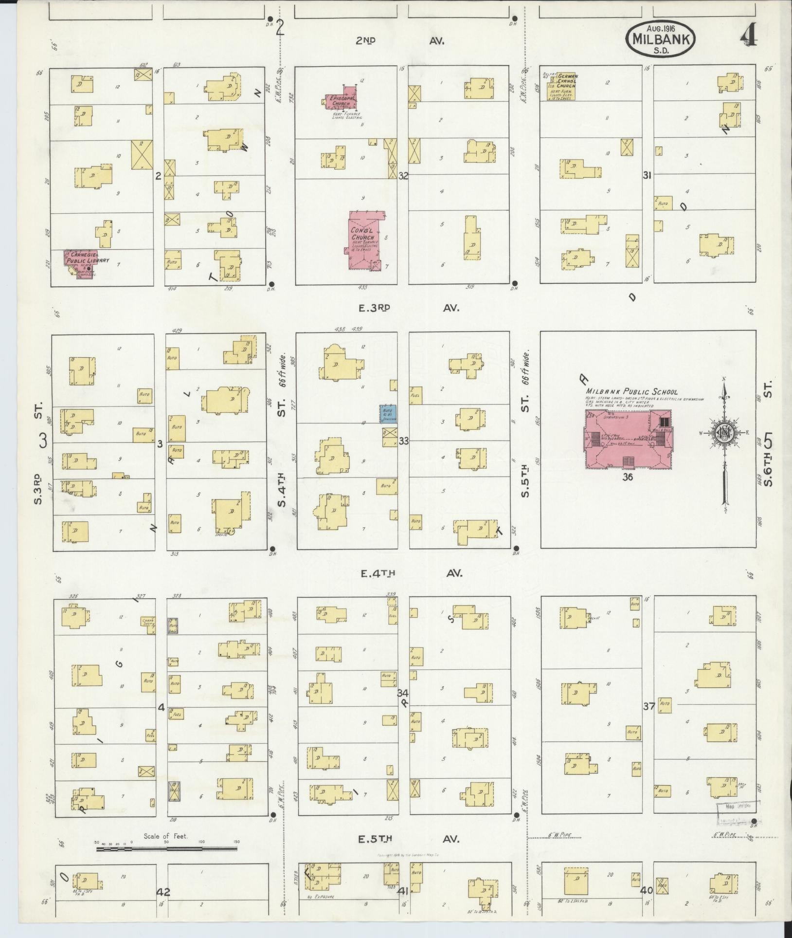 Sanborn Fire Insurance Map from Milbank, Grant County, South Dakota (1916), Sheet #0004 - Historic Sanborn Fire Insurance Map Print, vintage old map wall art, antique decor, genealogy gift, South Dakota South Dakota map