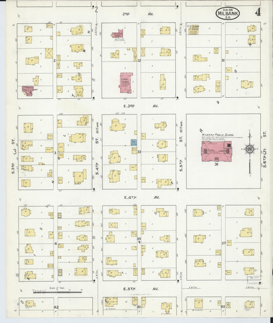 Sanborn Fire Insurance Map from Milbank, Grant County, South Dakota (1916), Sheet #0004 - Historic Sanborn Fire Insurance Map Print, vintage old map wall art, antique decor, genealogy gift, South Dakota South Dakota map