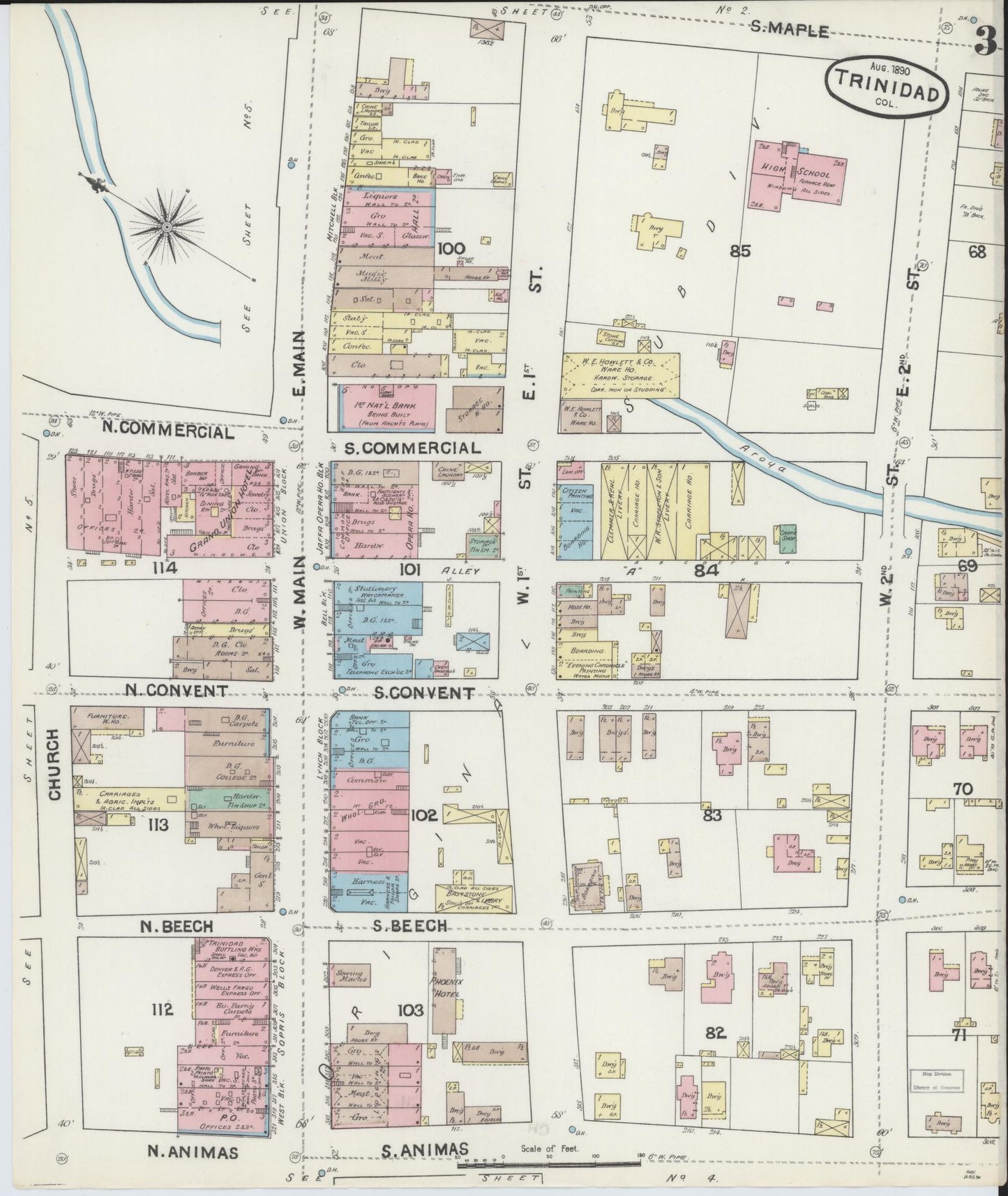 Sanborn Fire Insurance Map from Trinidad, Las Animas County, Colorado (1890), Sheet #0003 - Historic Sanborn Fire Insurance Map Print, vintage old map wall art, antique decor, genealogy gift, Colorado Colorado map