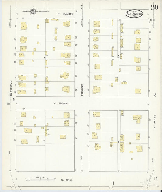 Sanborn Fire Insurance Map from San Angelo, Tom Green County, Texas (1913), Sheet #0020 - Historic Sanborn Fire Insurance Map Print, vintage old map wall art, antique decor, genealogy gift, Texas Texas map