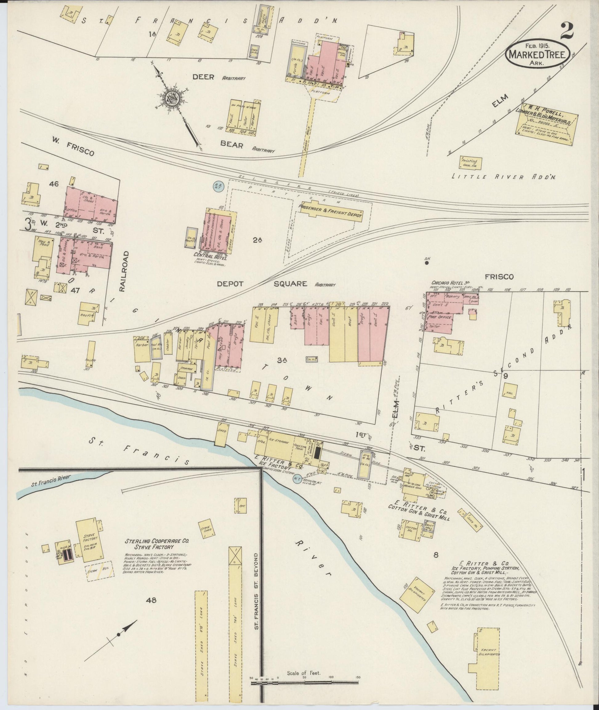 Sanborn Fire Insurance Map from Marked Tree, Poinsett County, Arkansas (1915), Sheet #0002 - Historic Sanborn Fire Insurance Map Print, vintage old map wall art, antique decor, genealogy gift, Arkansas Arkansas map