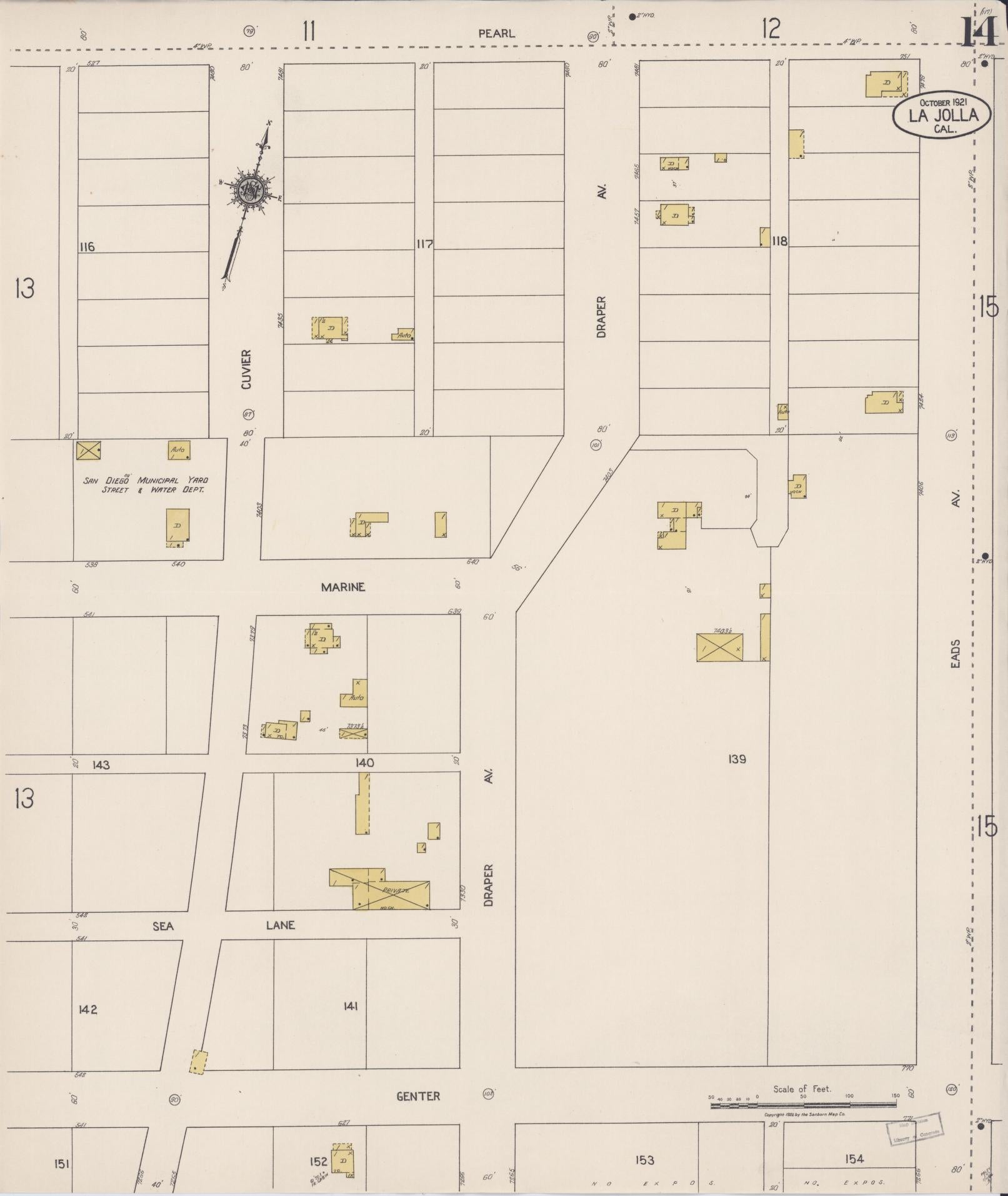 Sanborn Fire Insurance Map from La Jolla, San Diego County, California (1921), Sheet #0014 - Historic Sanborn Fire Insurance Map Print, vintage old map wall art, antique decor, genealogy gift, California California map