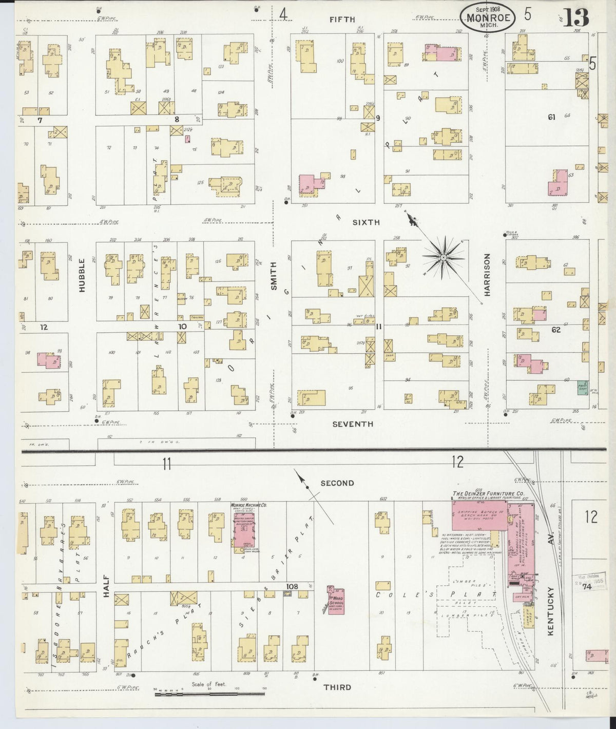 Sanborn Fire Insurance Map from Monroe, Monroe County, Michigan (1908), Sheet #0013 - Historic Sanborn Fire Insurance Map Print, vintage old map wall art, antique decor, genealogy gift, Michigan Michigan map