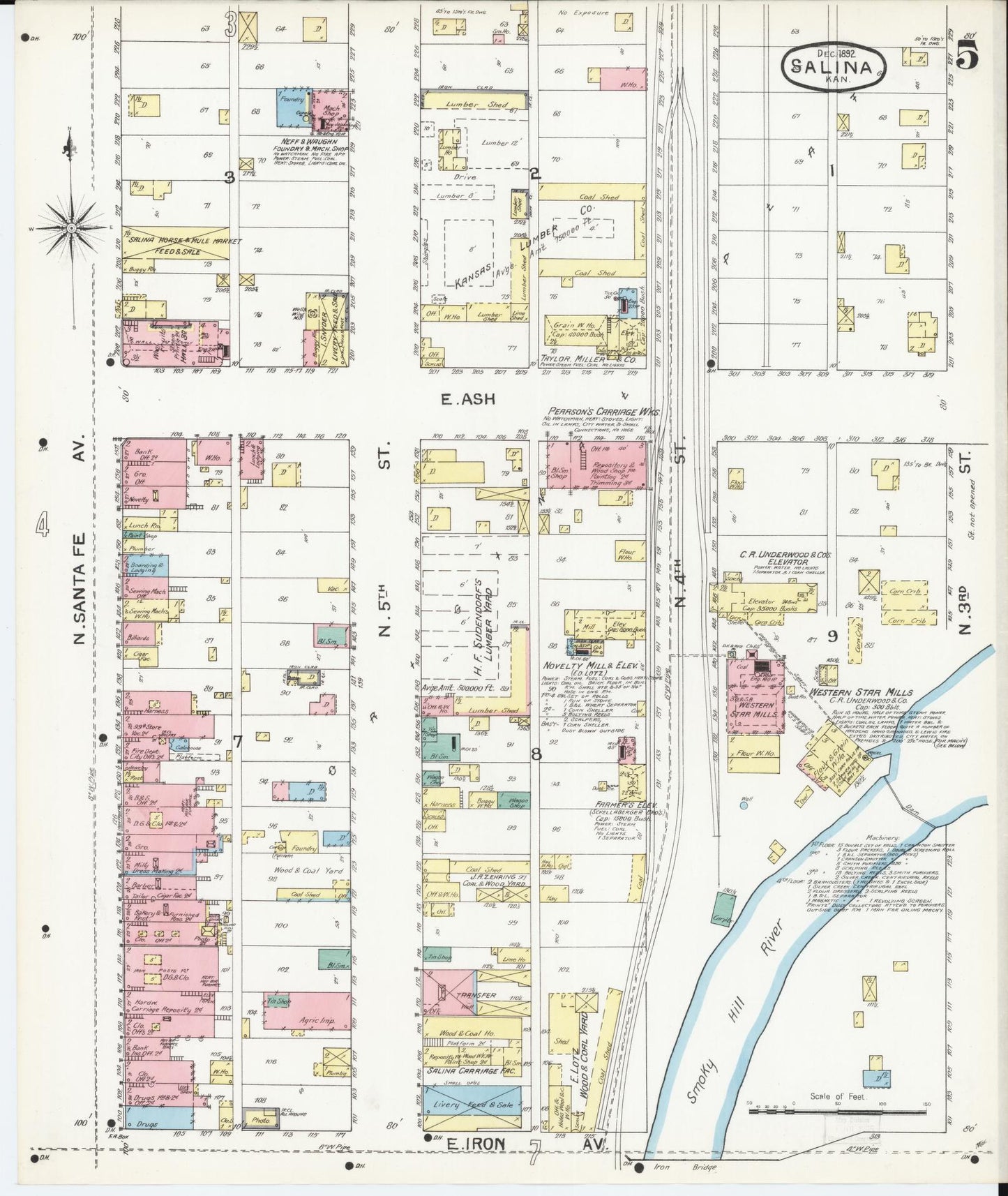 Sanborn Fire Insurance Map from Salina, Saline County, Kansas (1892), Sheet #0005 - Complete Map Set gallery image, historic Sanborn map, vintage wall art, Kansas Kansas