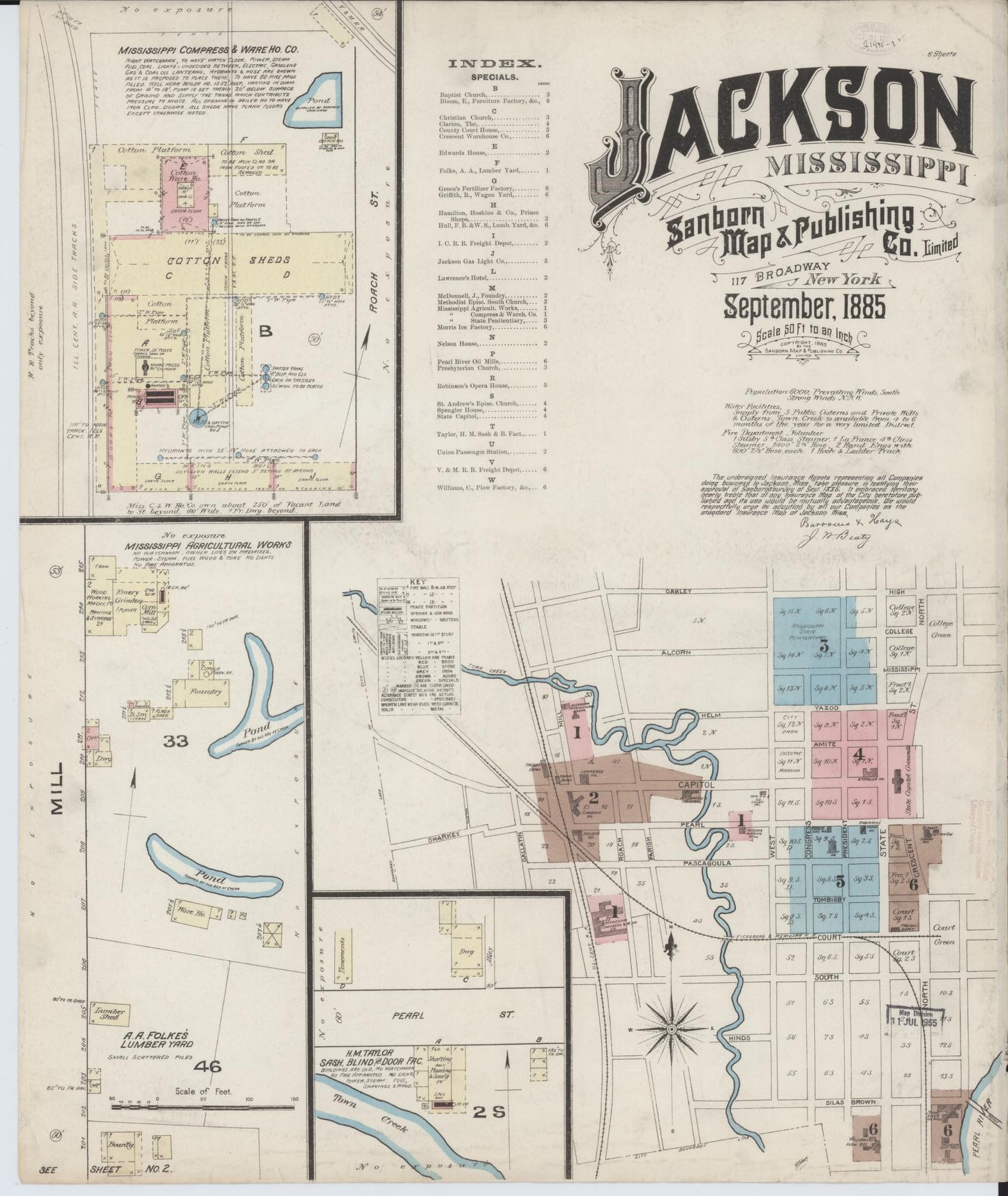 Sanborn Fire Insurance Map from Jackson, Hinds County, Mississippi (1885), Sheet #0001 - Complete Map Set gallery image, historic Sanborn map, vintage wall art, Mississippi Mississippi