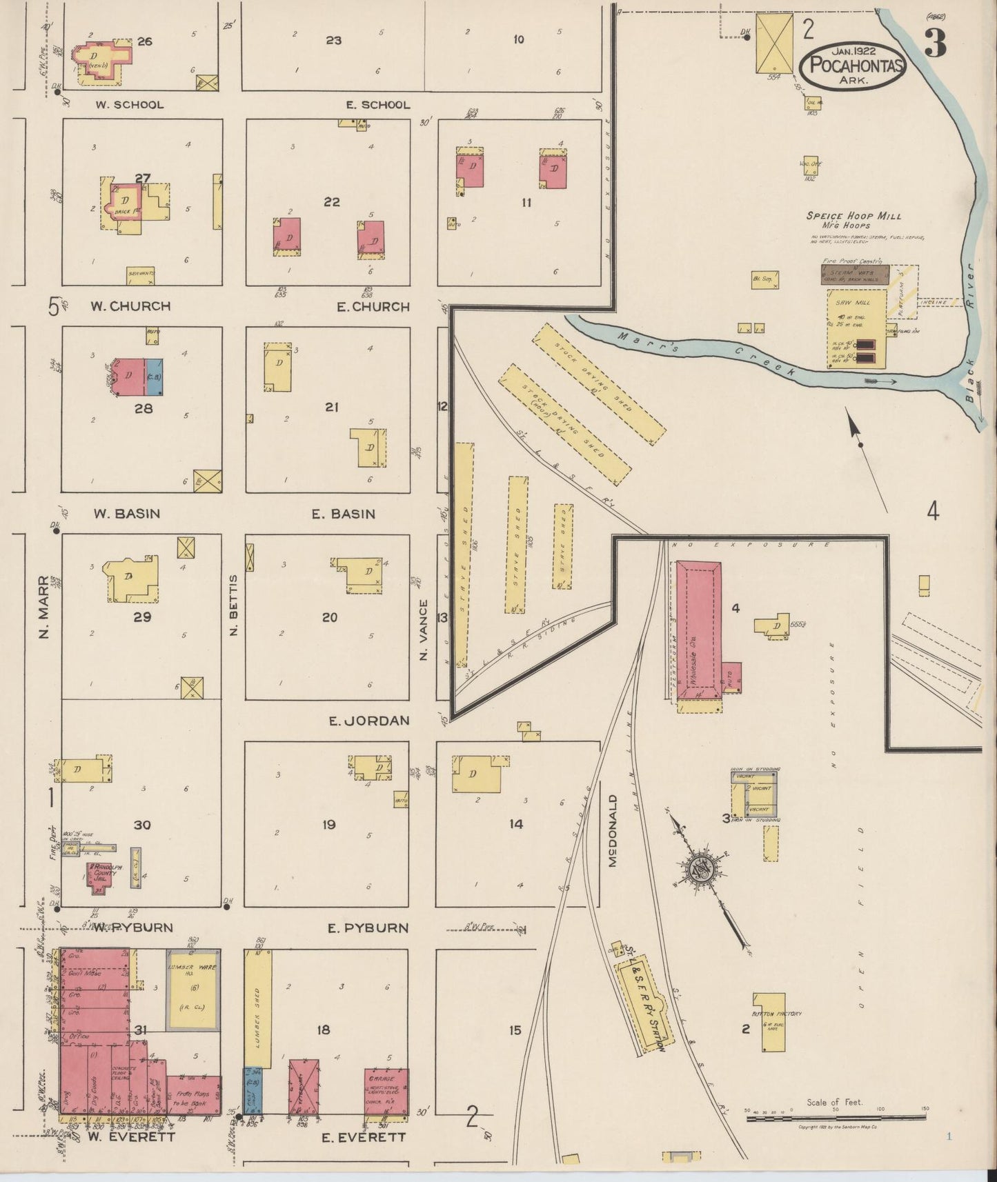 Sanborn Fire Insurance Map from Pocahontas, Randolph County, Arkansas (1922), Sheet #0003 - Historic Sanborn Fire Insurance Map Print, vintage old map wall art, antique decor, genealogy gift, Arkansas Arkansas map