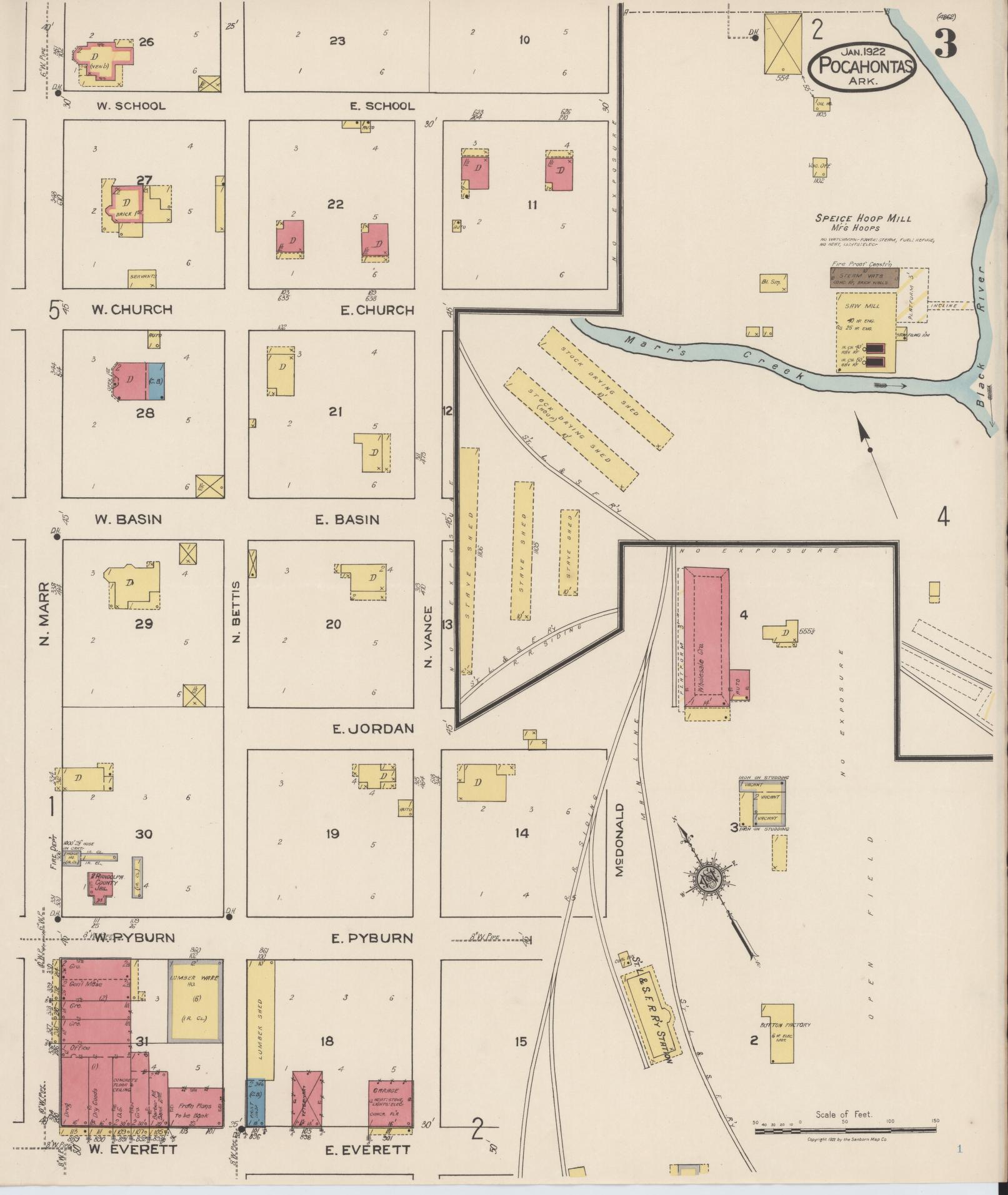 Sanborn Fire Insurance Map from Pocahontas, Randolph County, Arkansas (1922), Sheet #0003 - Historic Sanborn Fire Insurance Map Print, vintage old map wall art, antique decor, genealogy gift, Arkansas Arkansas map
