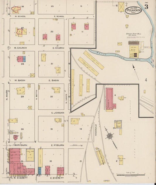 Sanborn Fire Insurance Map from Pocahontas, Randolph County, Arkansas (1922), Sheet #0003 - Historic Sanborn Fire Insurance Map Print, vintage old map wall art, antique decor, genealogy gift, Arkansas Arkansas map