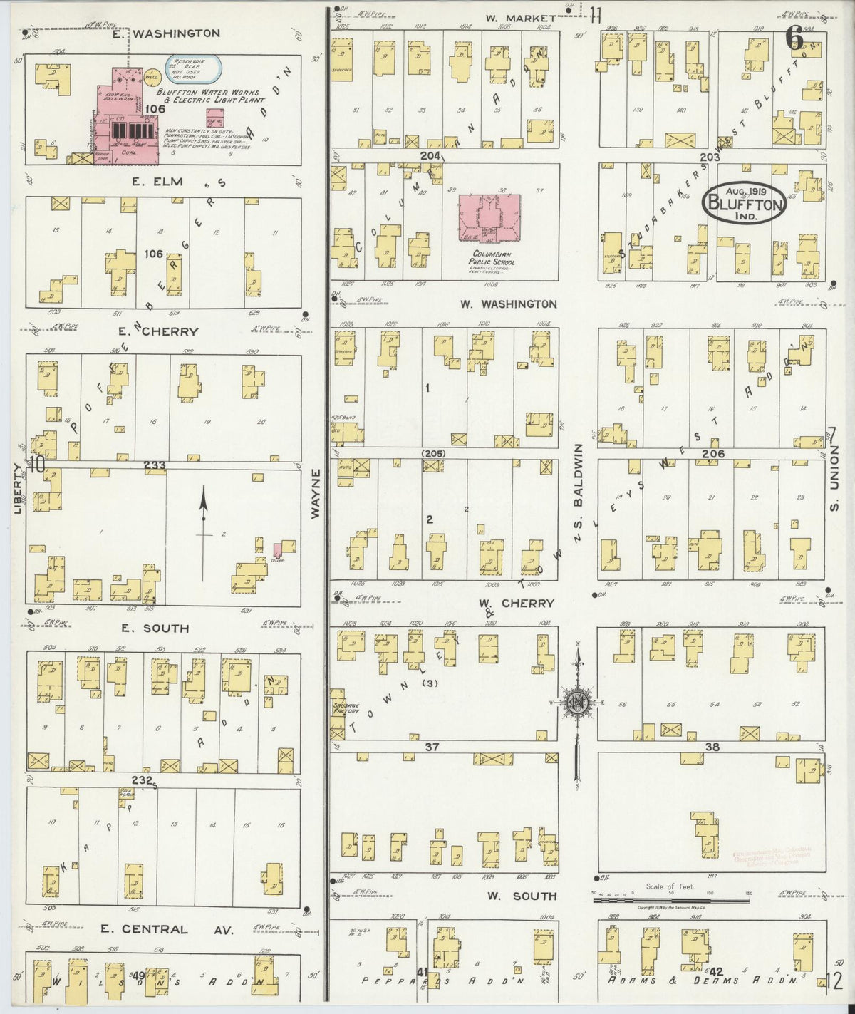 Sanborn Fire Insurance Map from Bluffton, Wells County, Indiana (1919), Sheet #0006 - Historic Sanborn Fire Insurance Map Print, vintage old map wall art, antique decor, genealogy gift, Indiana Indiana map