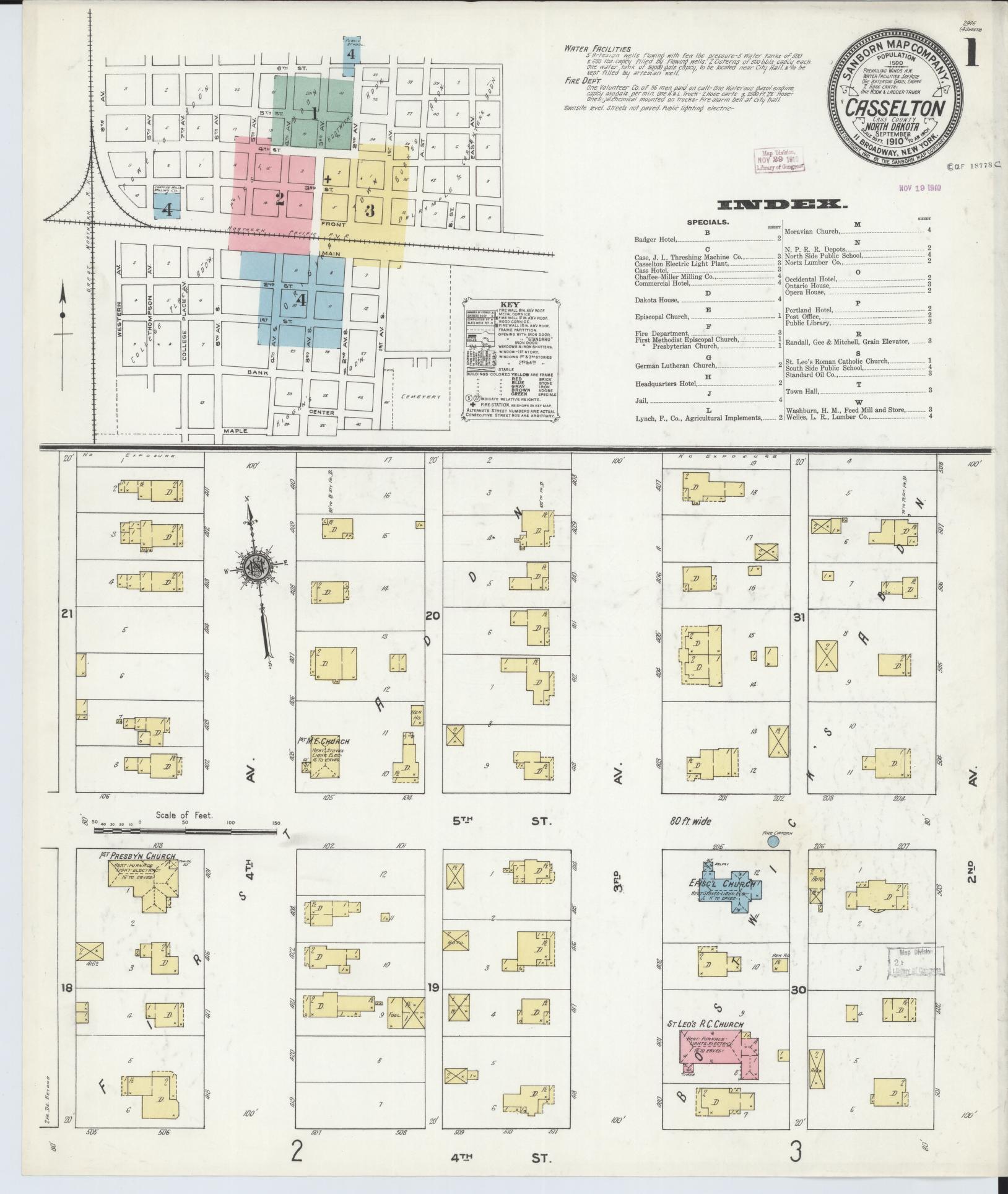 Sanborn Fire Insurance Map from Casselton, Cass County, North Dakota (1910), Sheet #0001 - Historic Sanborn Fire Insurance Map Print, vintage old map wall art, antique decor, genealogy gift, North Dakota North Dakota map