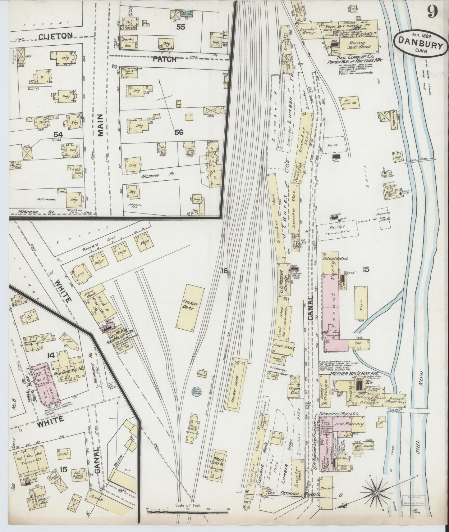 Sanborn Fire Insurance Map from Danbury, Fairfield County, Connecticut (1889), Sheet #0009 - Complete Map Set gallery image, historic Sanborn map, vintage wall art, Connecticut Connecticut