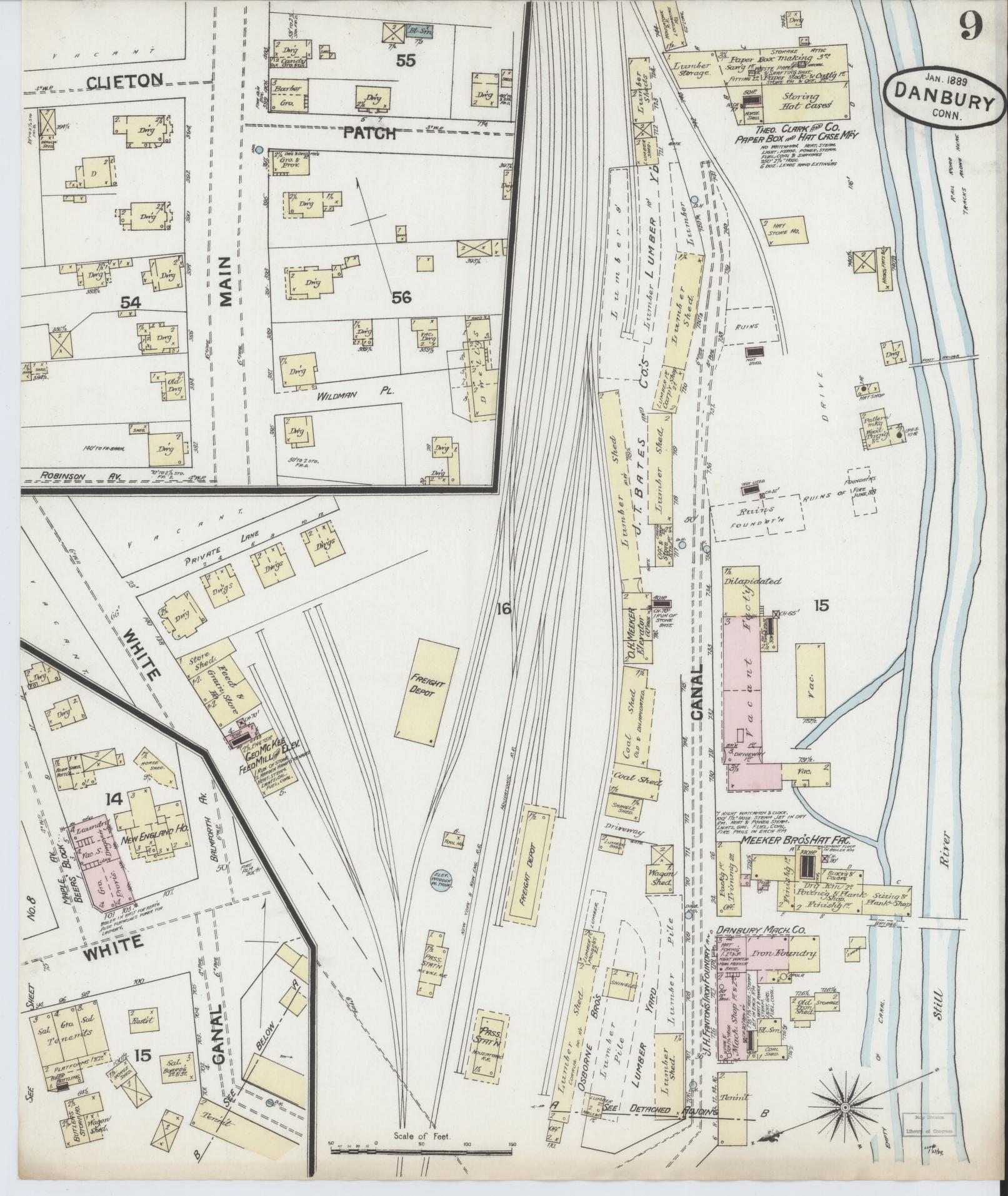 Sanborn Fire Insurance Map from Danbury, Fairfield County, Connecticut (1889), Sheet #0009 - Complete Map Set gallery image, historic Sanborn map, vintage wall art, Connecticut Connecticut