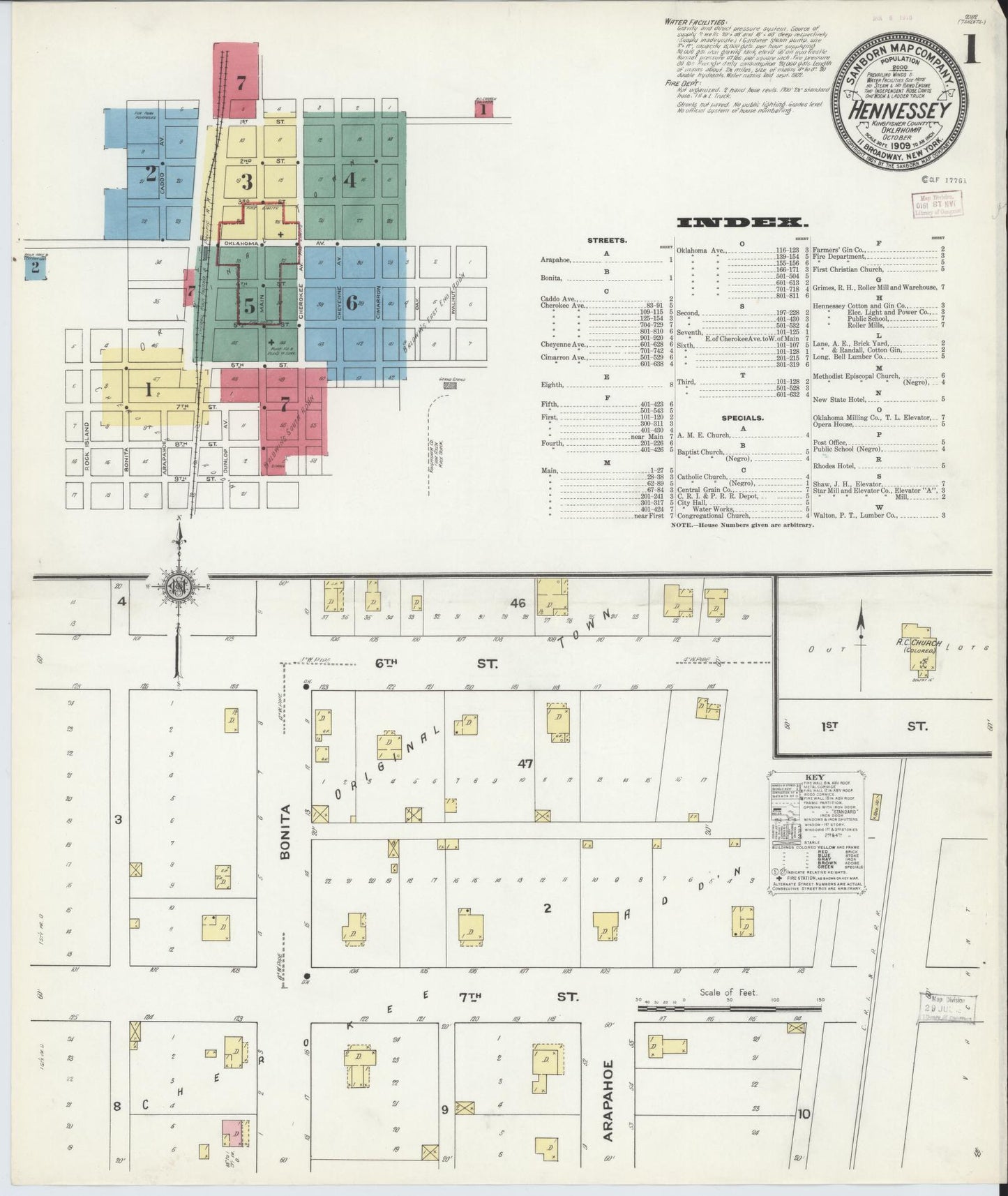 Sanborn Fire Insurance Map from Hennessey, Kingfisher County, Oklahoma (1909), Sheet #0001 - Historic Sanborn Fire Insurance Map Print, vintage old map wall art, antique decor, genealogy gift, Oklahoma Oklahoma map