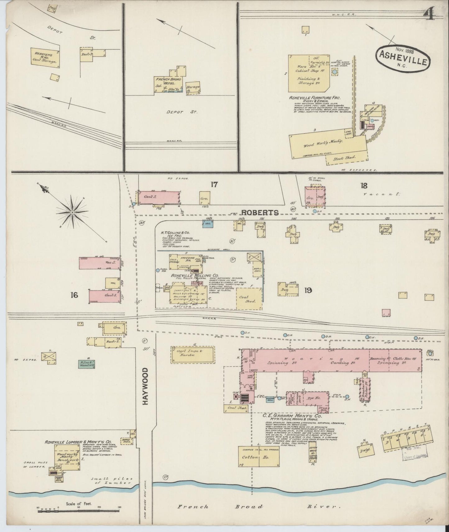 Sanborn Fire Insurance Map from Asheville, Buncombe County, North Carolina (1888), Sheet #0004 - Complete Map Set gallery image, historic Sanborn map, vintage wall art, North Carolina North Carolina