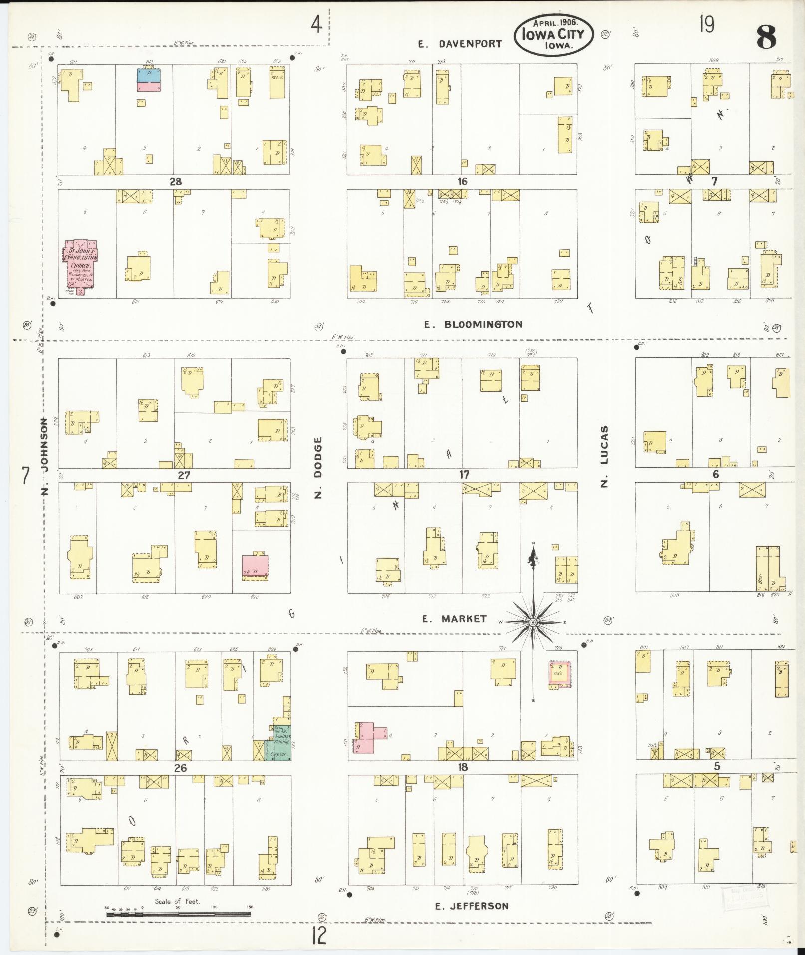 Sanborn Fire Insurance Map from Iowa City, Johnson County, Iowa (1906), Sheet #0008 - Historic Sanborn Fire Insurance Map Print, vintage old map wall art