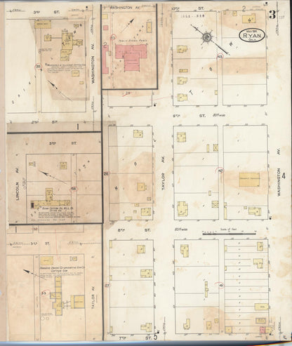 Sanborn Fire Insurance Map from Ryan, Jefferson County, Oklahoma (1932), Sheet #0003 - Complete Map Set gallery image, historic Sanborn map, vintage wall art, Oklahoma Oklahoma