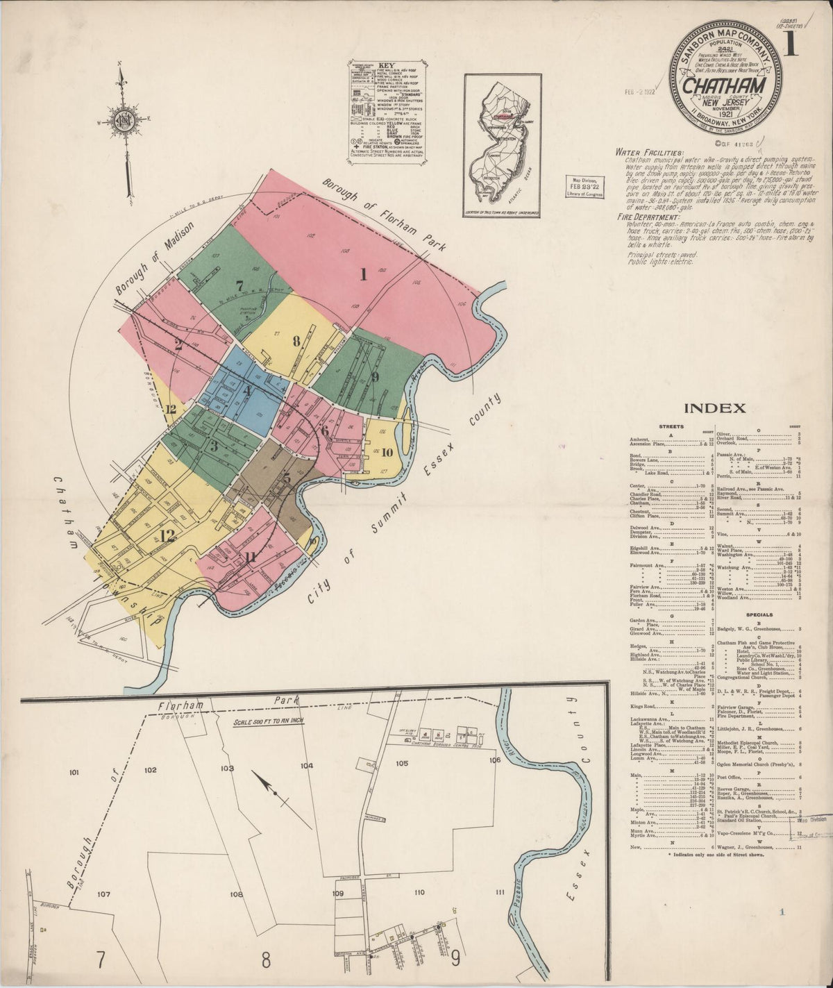 Sanborn Fire Insurance Map from Chatham, Morris County, New Jersey (1921), Sheet #0001 - Historic Sanborn Fire Insurance Map Print, vintage old map wall art, antique decor, genealogy gift, New Jersey New Jersey map