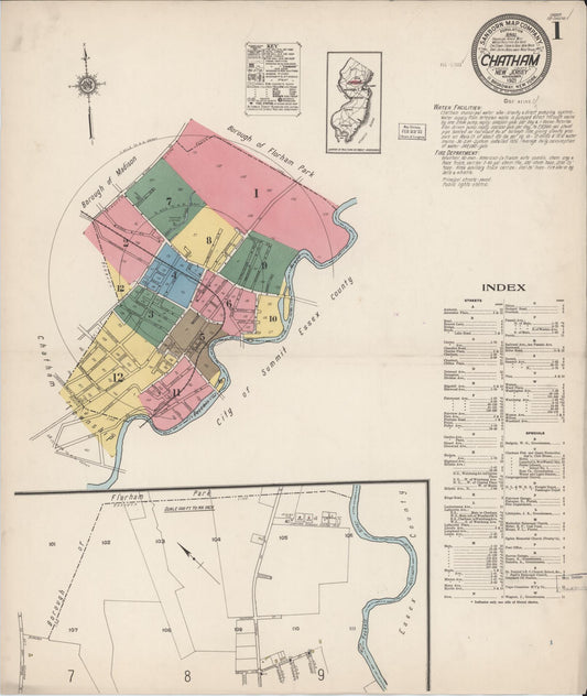 Sanborn Fire Insurance Map from Chatham, Morris County, New Jersey (1921), Sheet #0001 - Historic Sanborn Fire Insurance Map Print, vintage old map wall art, antique decor, genealogy gift, New Jersey New Jersey map