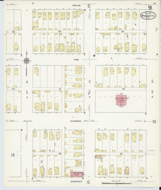 Sanborn Fire Insurance Map from Wyandotte, Wayne County, Michigan (1912), Sheet #0009 - Historic Sanborn Fire Insurance Map Print, vintage old map wall art, antique decor, genealogy gift, Michigan Michigan map