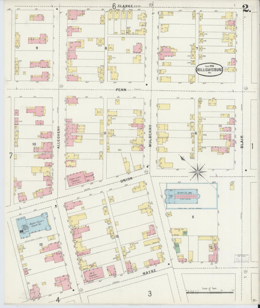 Sanborn Fire Insurance Map from Hollidaysburg, Blair County, Pennsylvania (1896), Sheet #0002 - Historic Sanborn Fire Insurance Map Print, vintage old map wall art, antique decor, genealogy gift, Pennsylvania Pennsylvania map