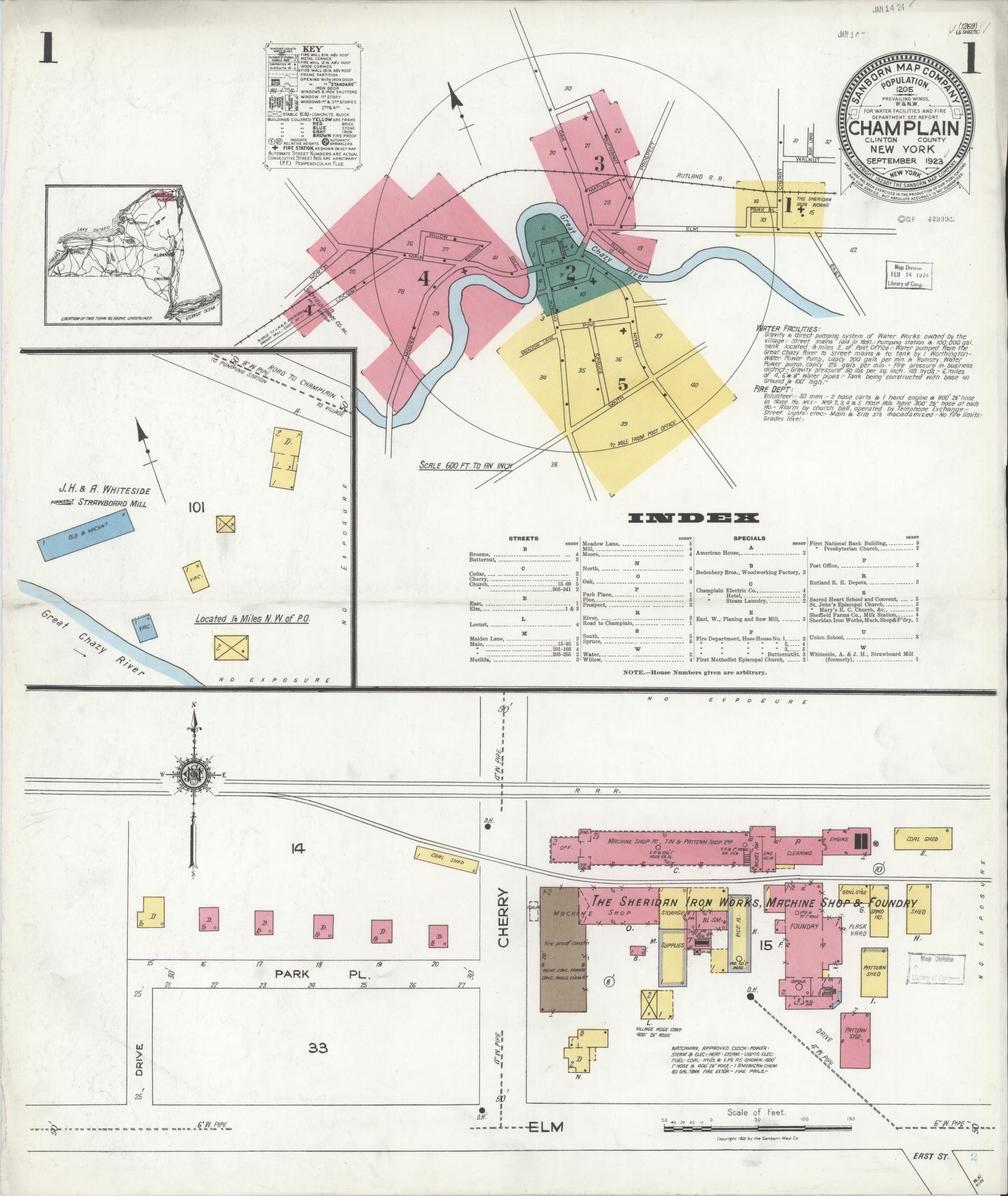 Sanborn Fire Insurance Map from Champlain, Clinton County, New York (1923), Sheet #0001 - Historic Sanborn Fire Insurance Map Print, vintage old map wall art, antique decor, genealogy gift, New York New York map