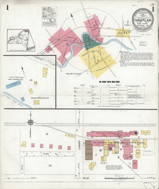 Sanborn Fire Insurance Map from Champlain, Clinton County, New York (1923), Sheet #0001 - Historic Sanborn Fire Insurance Map Print, vintage old map wall art, antique decor, genealogy gift, New York New York map