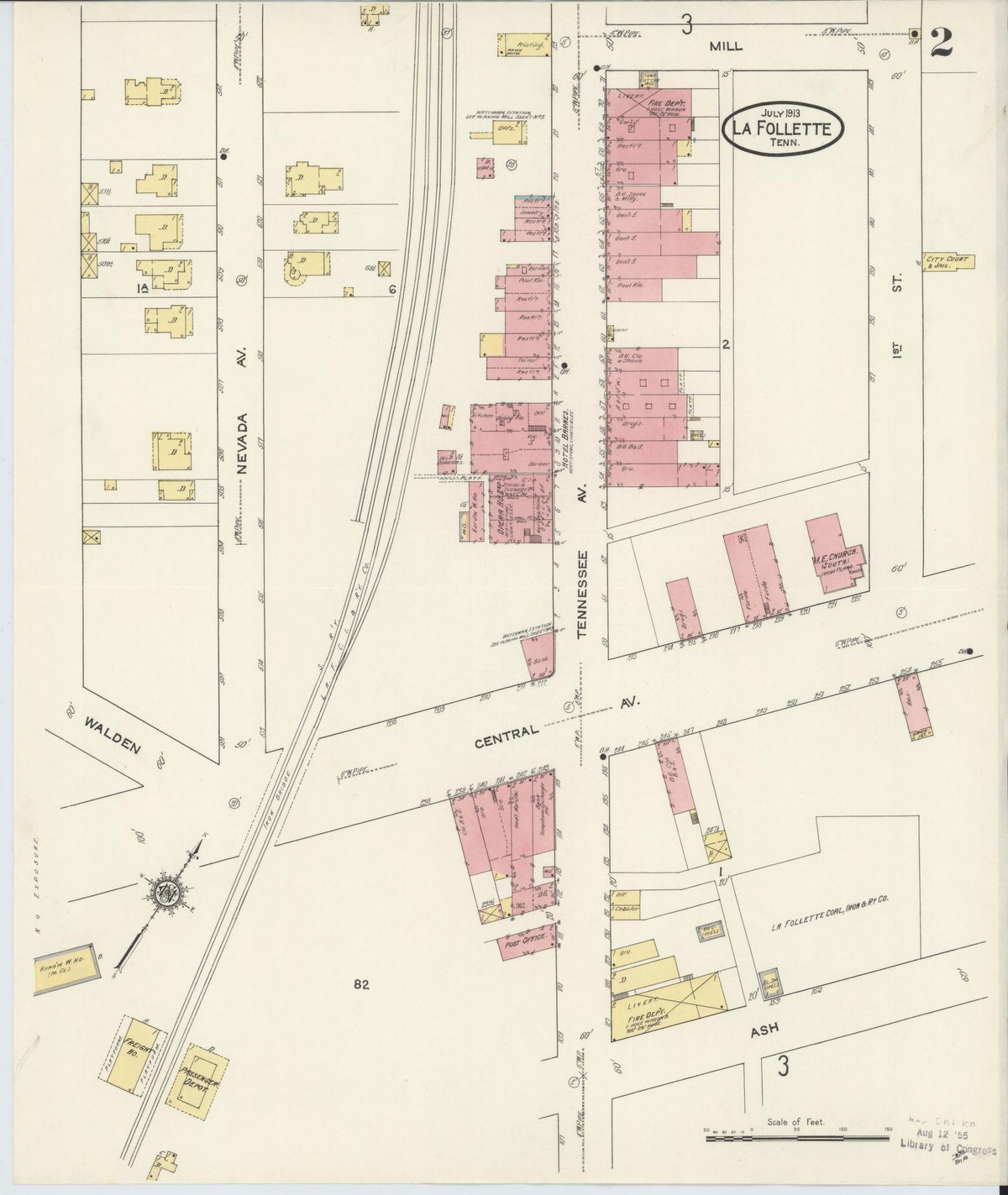 Sanborn Fire Insurance Map from La Follette, Campbell County, Tennessee (1913), Sheet #0002 - Complete Map Set gallery image, historic Sanborn map, vintage wall art, Tennessee Tennessee