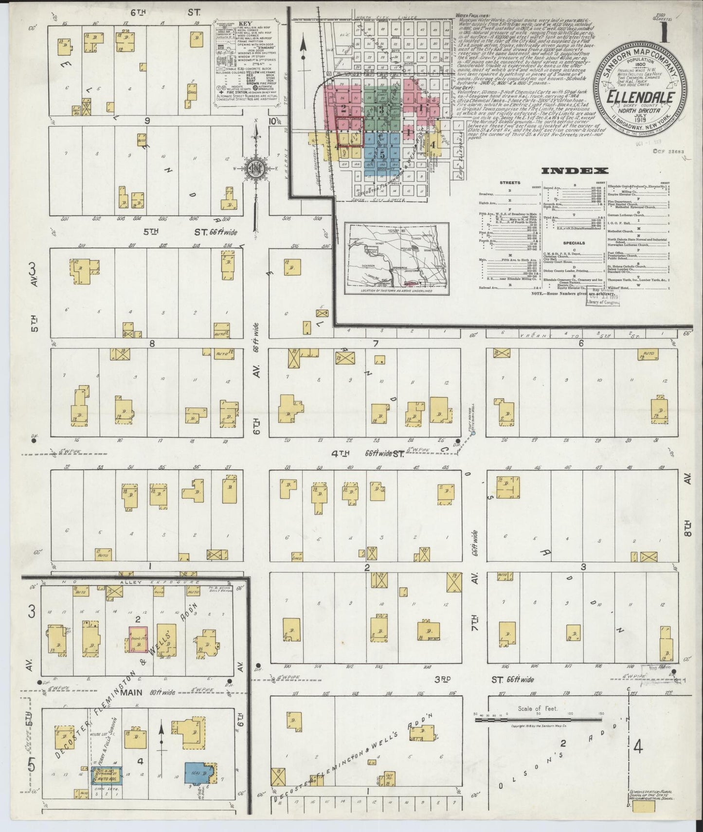 Sanborn Fire Insurance Map from Ellendale, Dickey County, North Dakota (1919), Sheet #0001 - Historic Sanborn Fire Insurance Map Print, vintage old map wall art, antique decor, genealogy gift, North Dakota North Dakota map