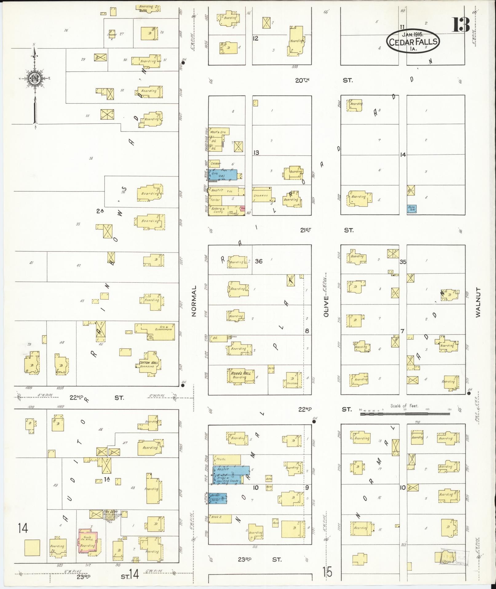 Sanborn Fire Insurance Map from Cedar Falls, Black Hawk County, Iowa (1916), Sheet #0013 - Historic Sanborn Fire Insurance Map Print, vintage old map wall art